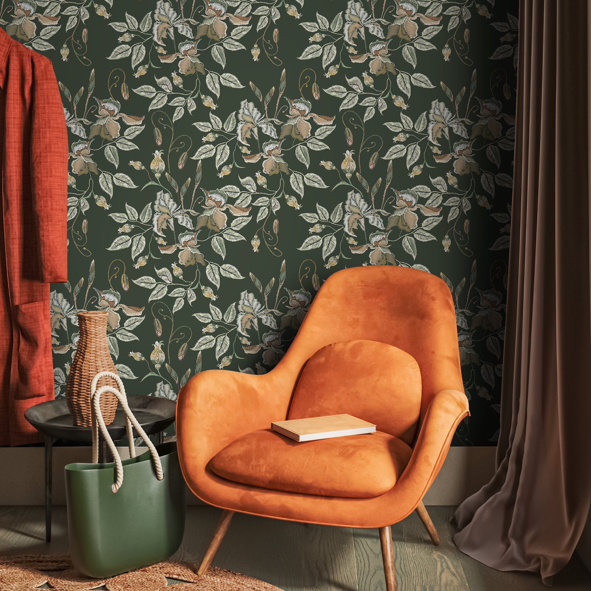 Floral Wallpaper With An Embroidered Motif In Green, Beige, And White - D869
