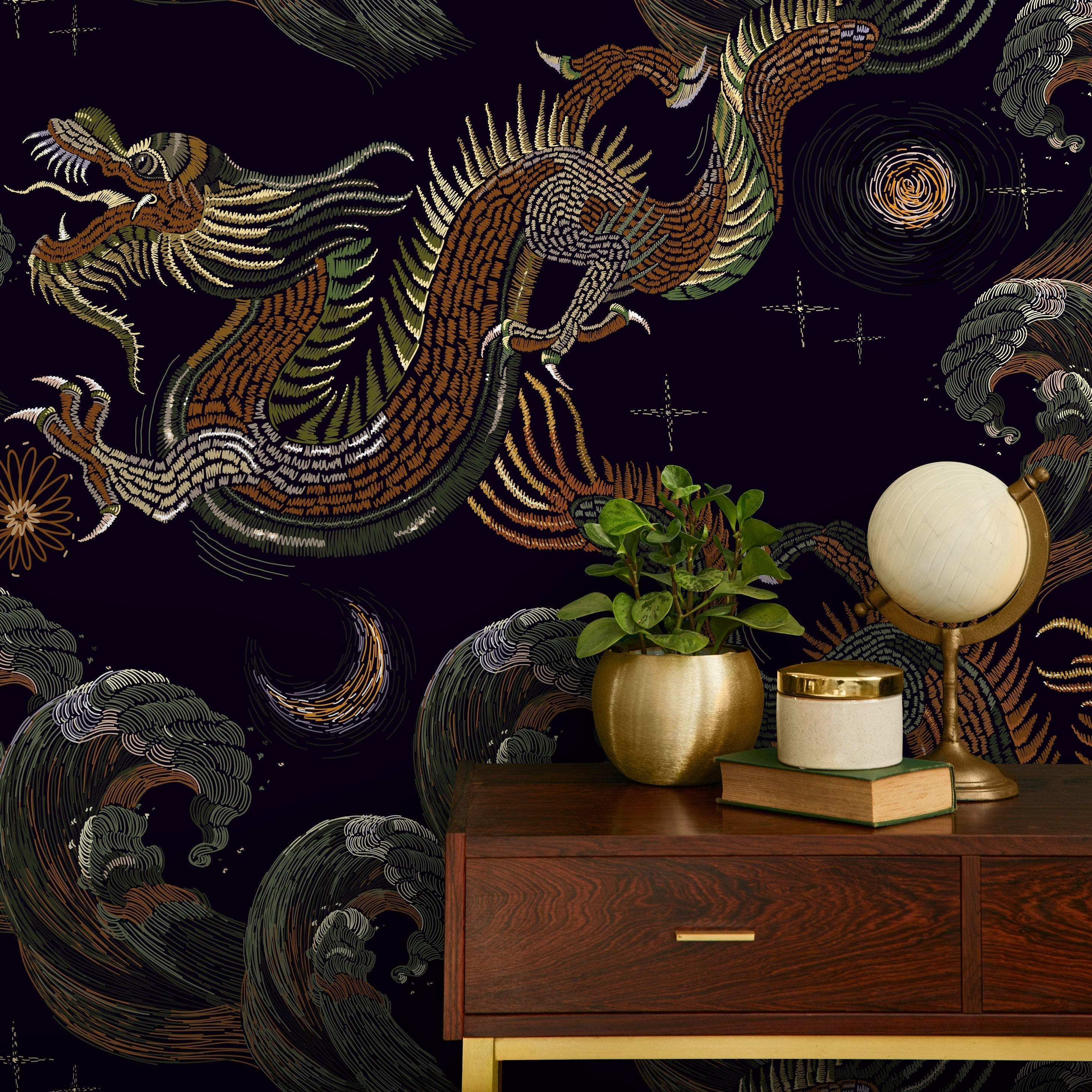Chinoiserie Wallpaper With An Embroidered Dragon Motif In Black, Orange, And Green - D877
