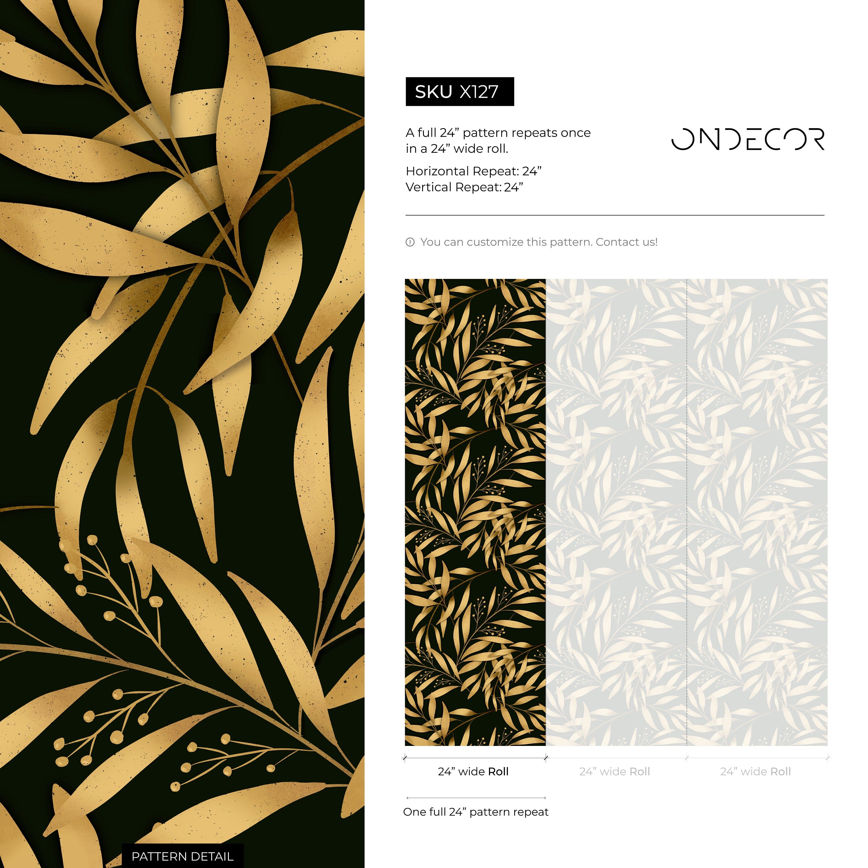 Botanical Wallpaper Featuring Elegant Golden Leaves In Gold And Black - X127
