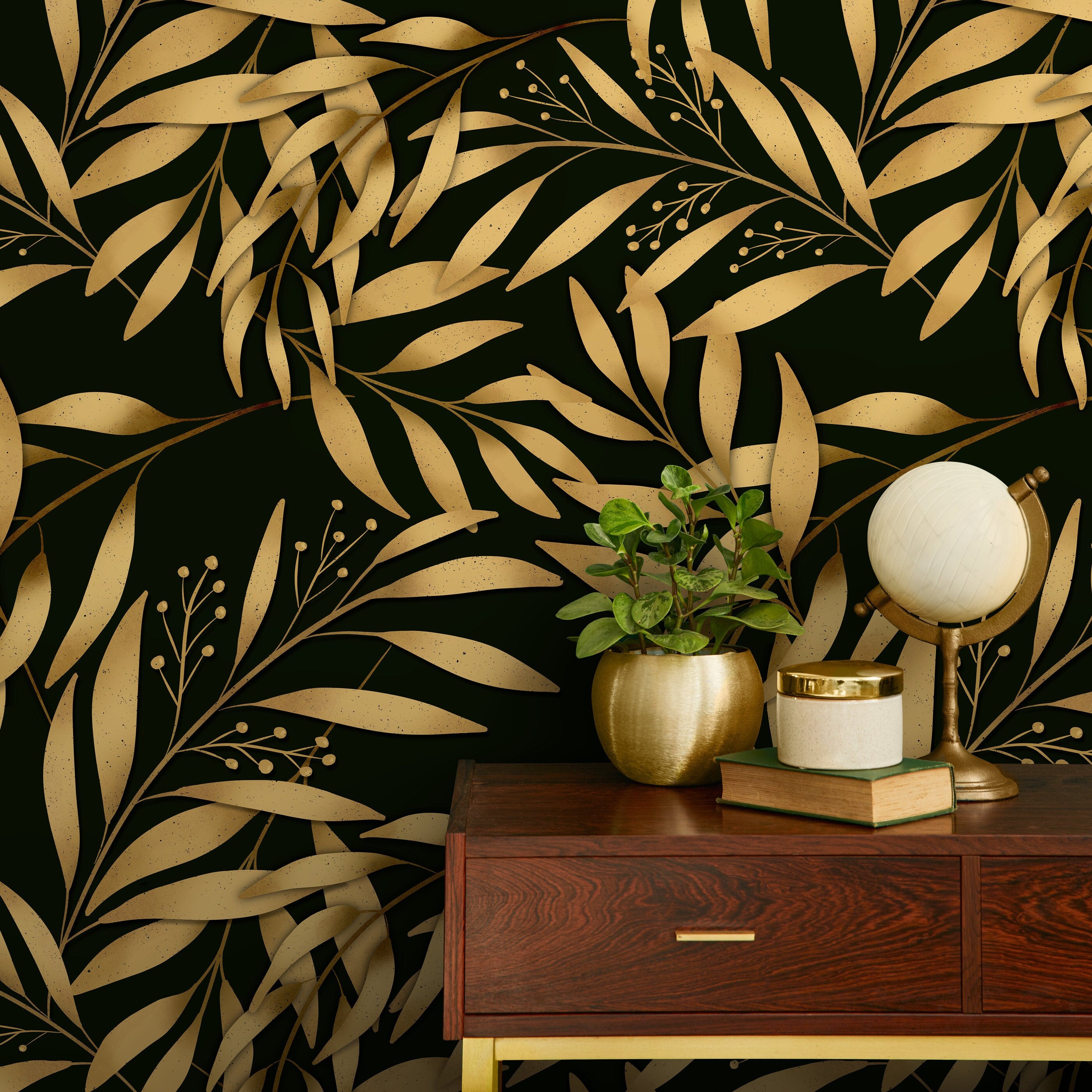 Botanical Wallpaper Featuring Elegant Golden Leaves In Gold And Black - X127