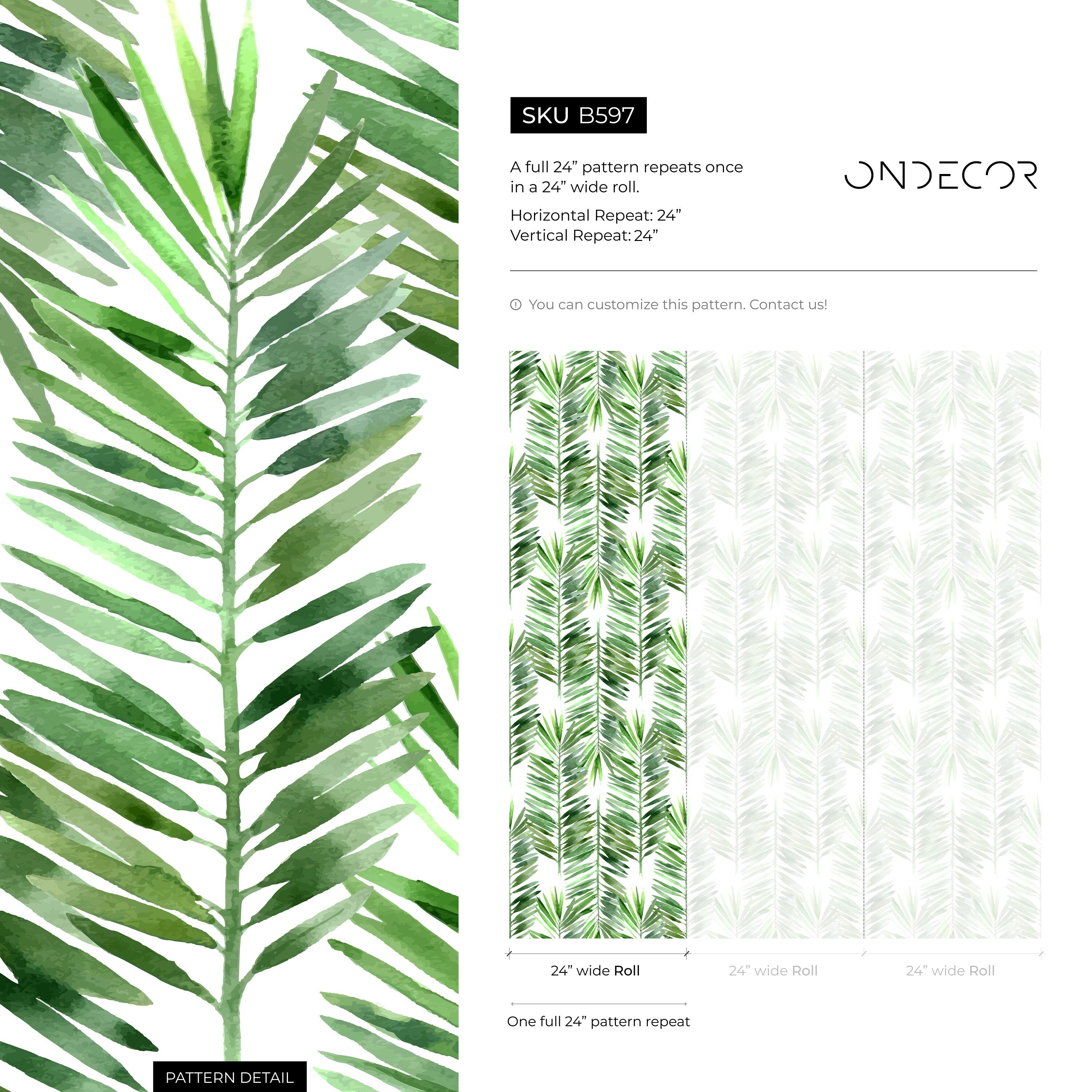 Botanical Wallpaper With Watercolor Palm Fronds In Green - B597
