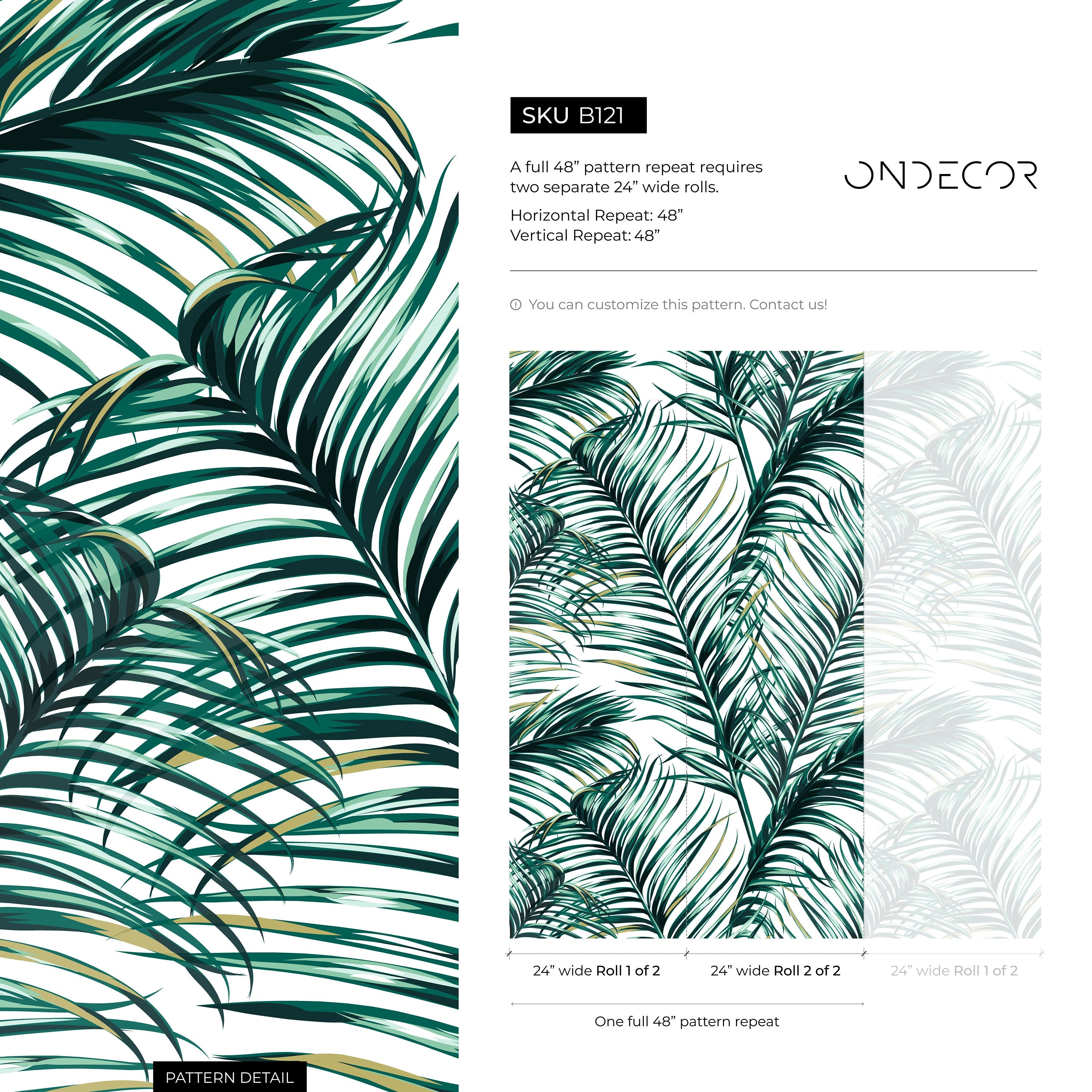 Tropical Wallpaper With Overlapping Palm Leaves In Green And Khaki - B121