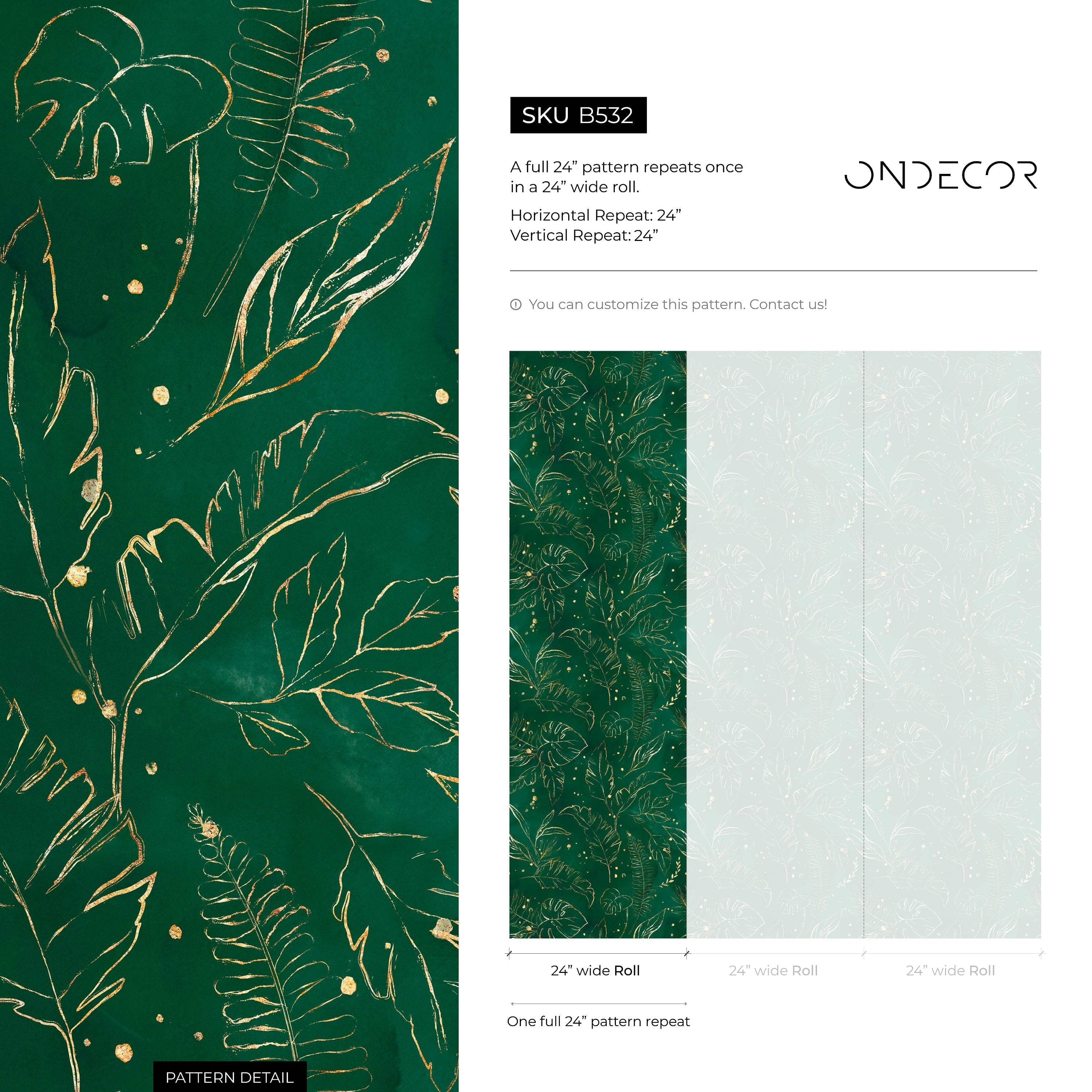 Tropical Wallpaper Featuring Gilded Tropical Leaves In Green And Gold - B532