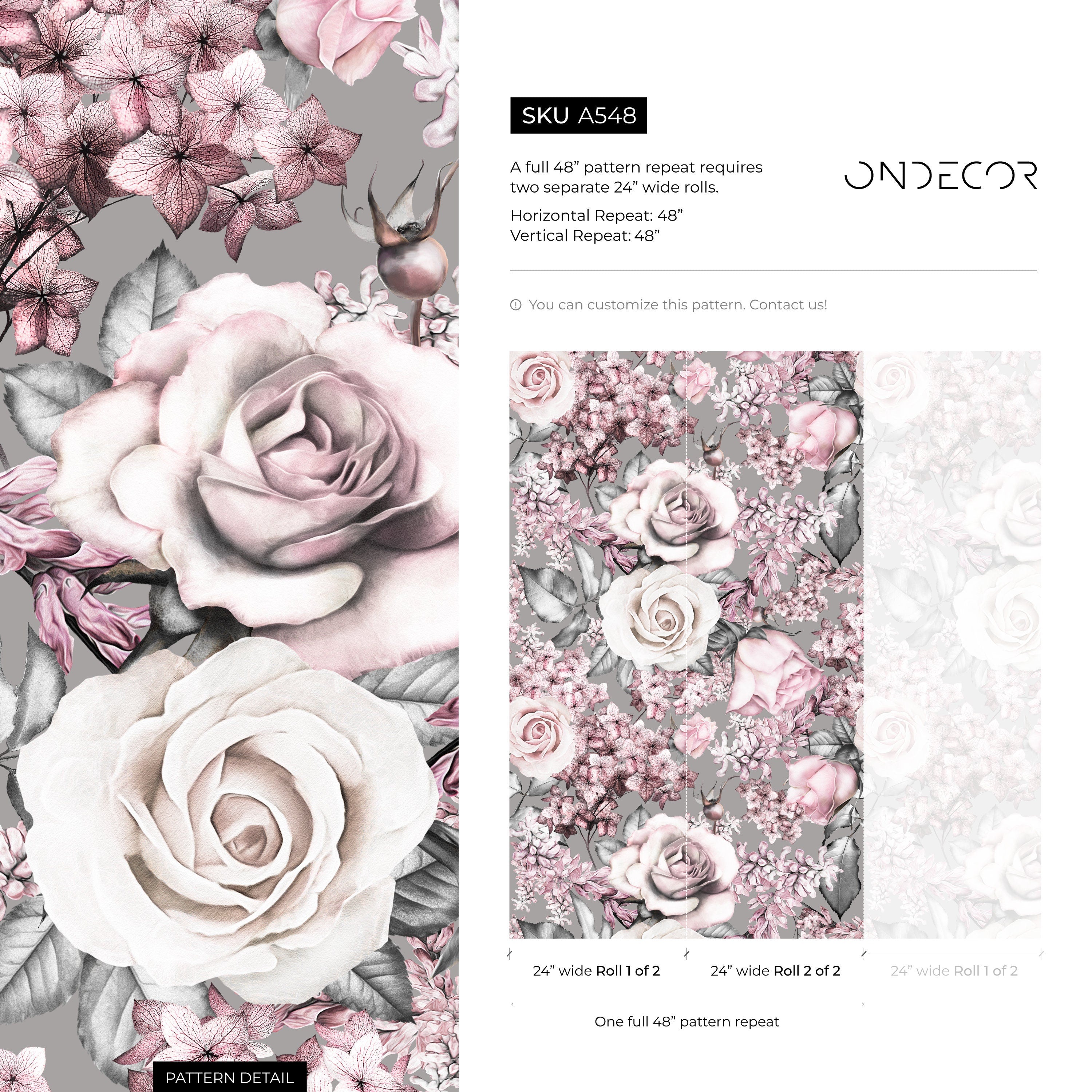 Floral Wallpaper With Roses And Hydrangeas In Pink, Gray, And White - A548