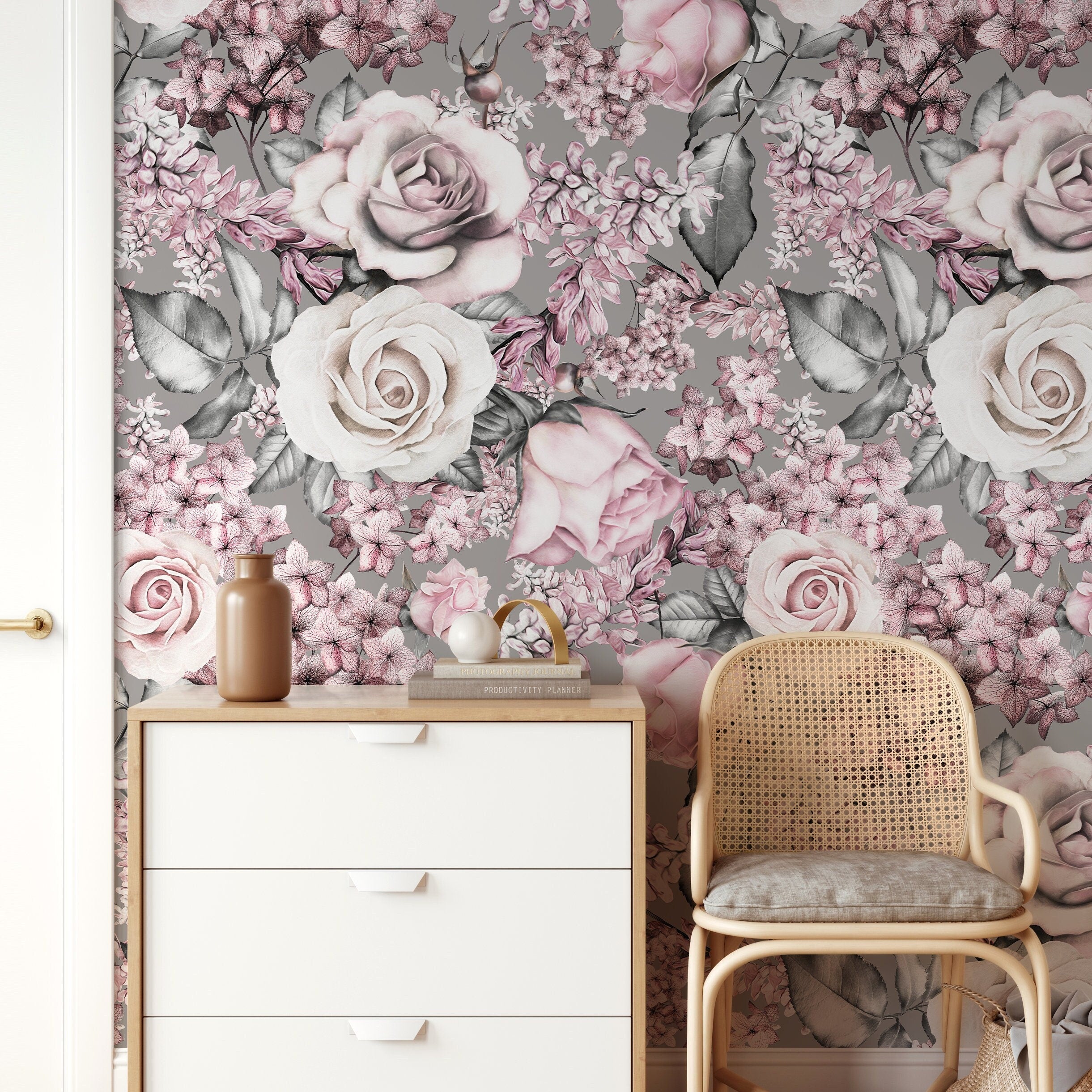 Floral Wallpaper With Roses And Hydrangeas In Pink, Gray, And White - A548