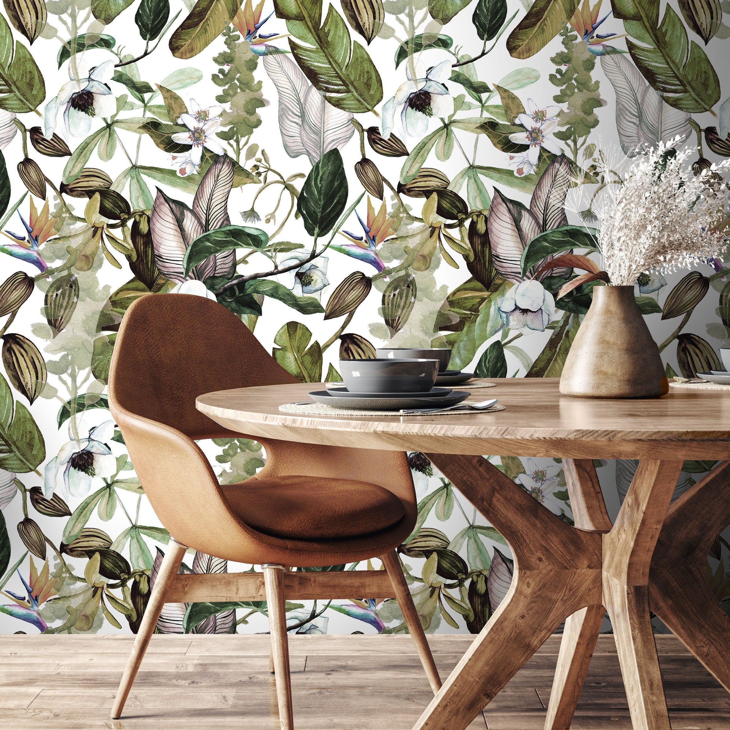 Botanical Wallpaper With A Lush Tropical Motif In Green, Brown, And Purple - A741