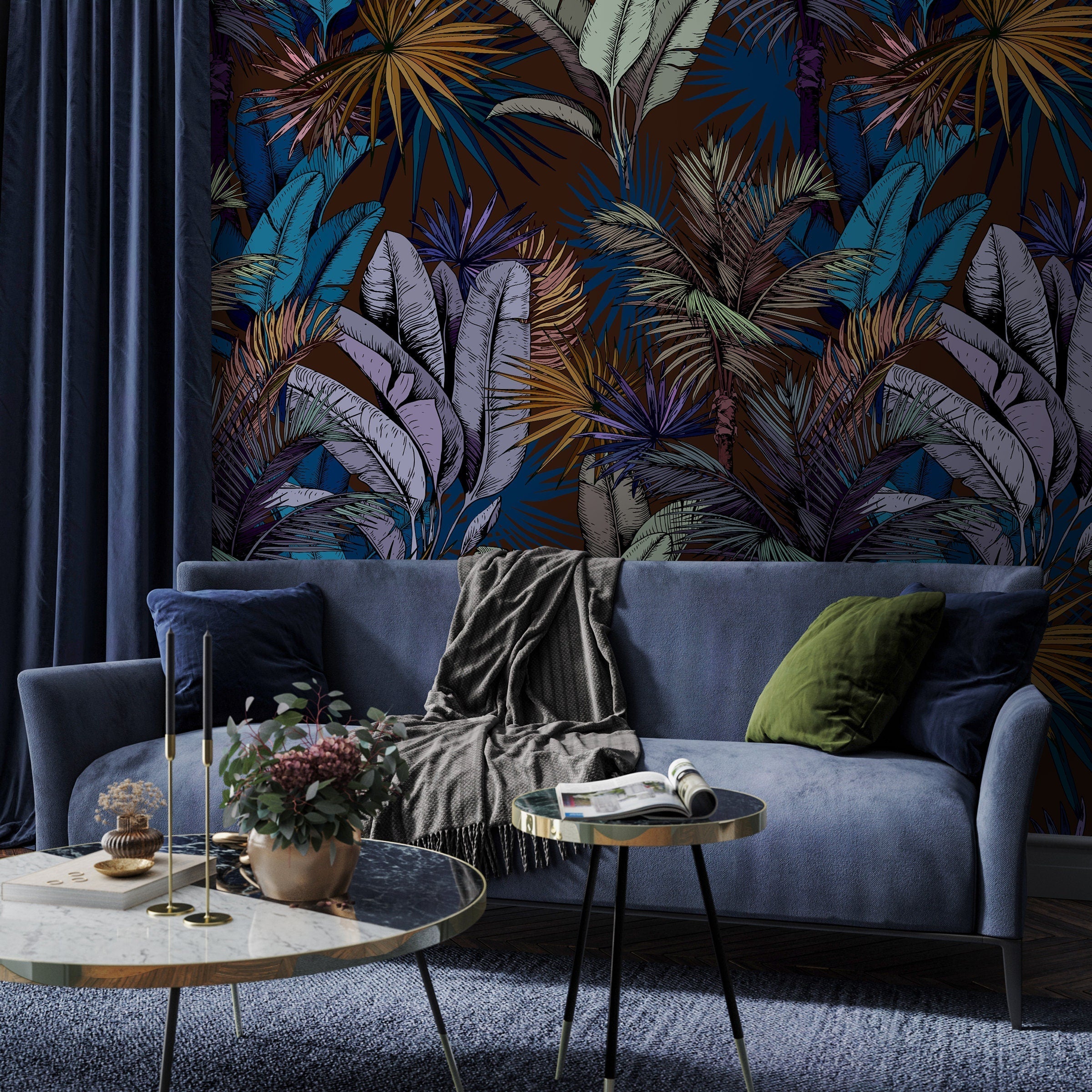 Tropical Wallpaper With Lush Palm Fronds In Blue, Purple, And Gold - A763