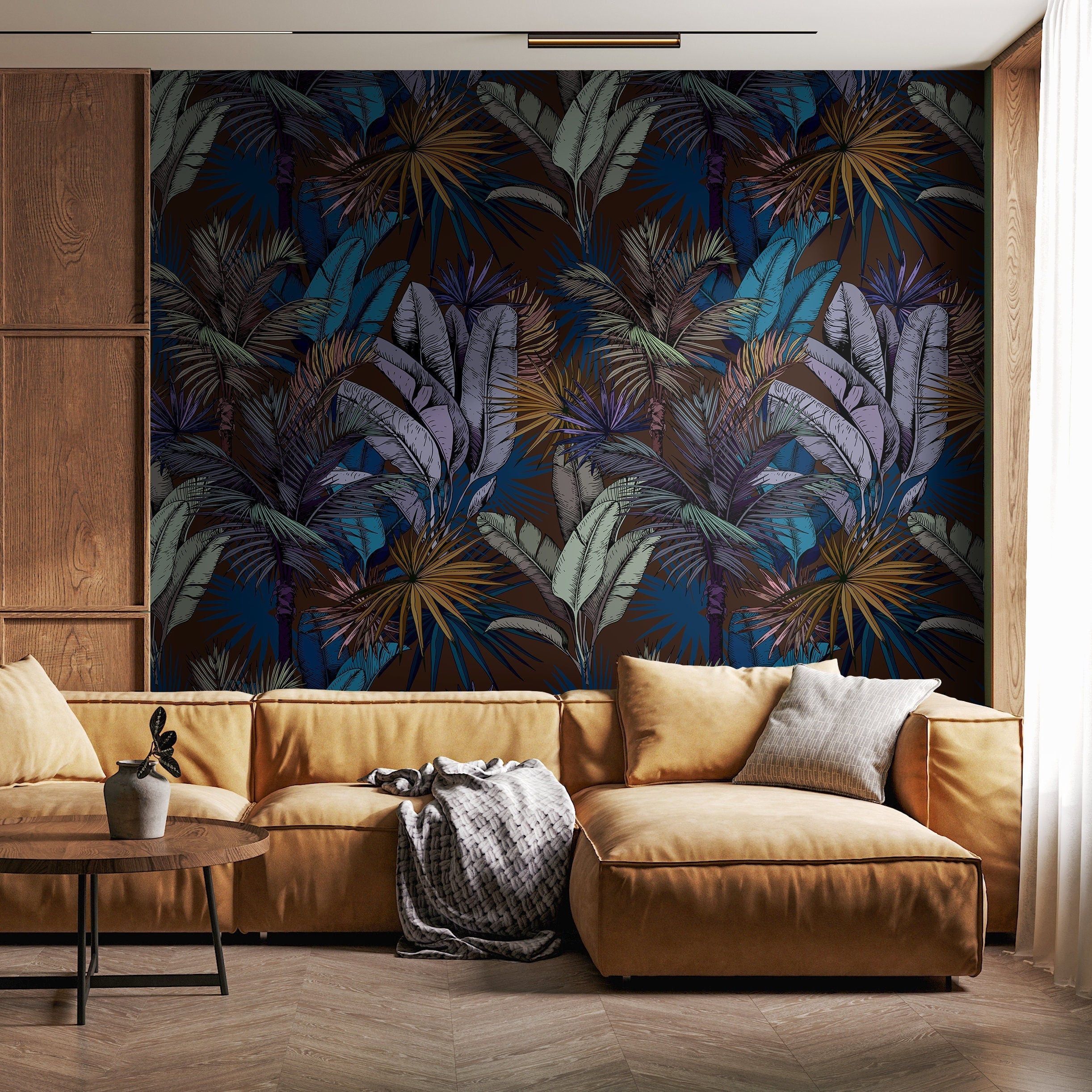 Tropical Wallpaper With Lush Palm Fronds In Blue, Purple, And Gold - A763
