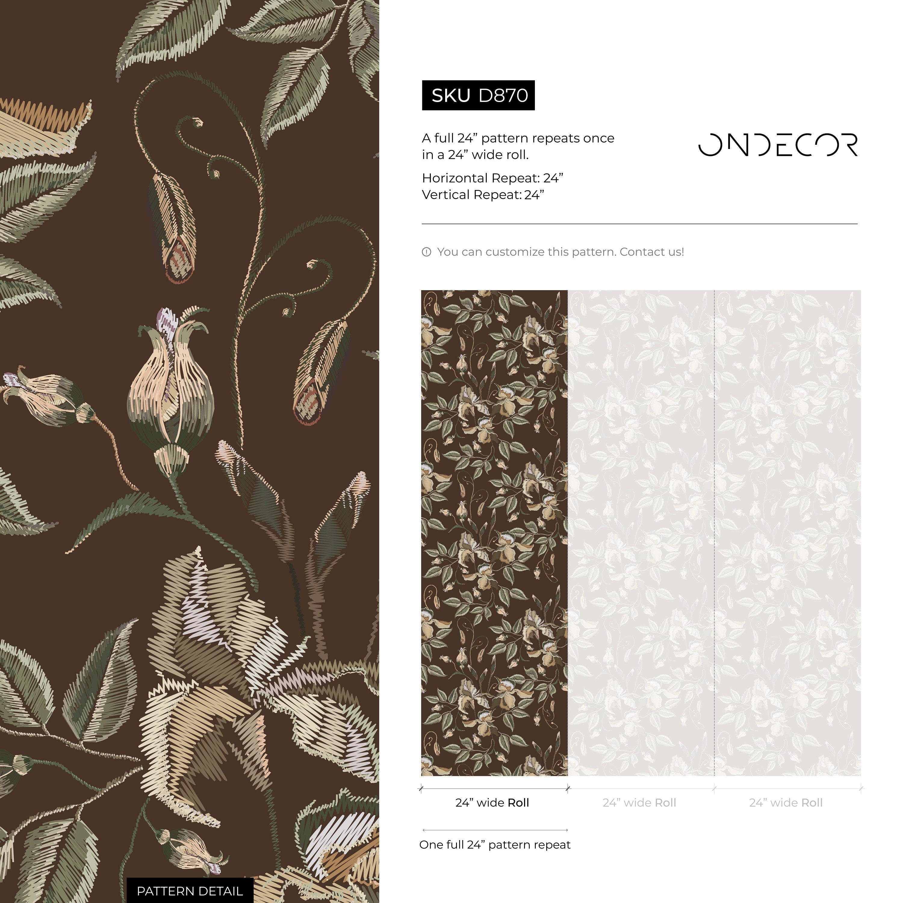 Floral Wallpaper Featuring A Vintage Iris Motif In Brown, Beige, And Green - D870