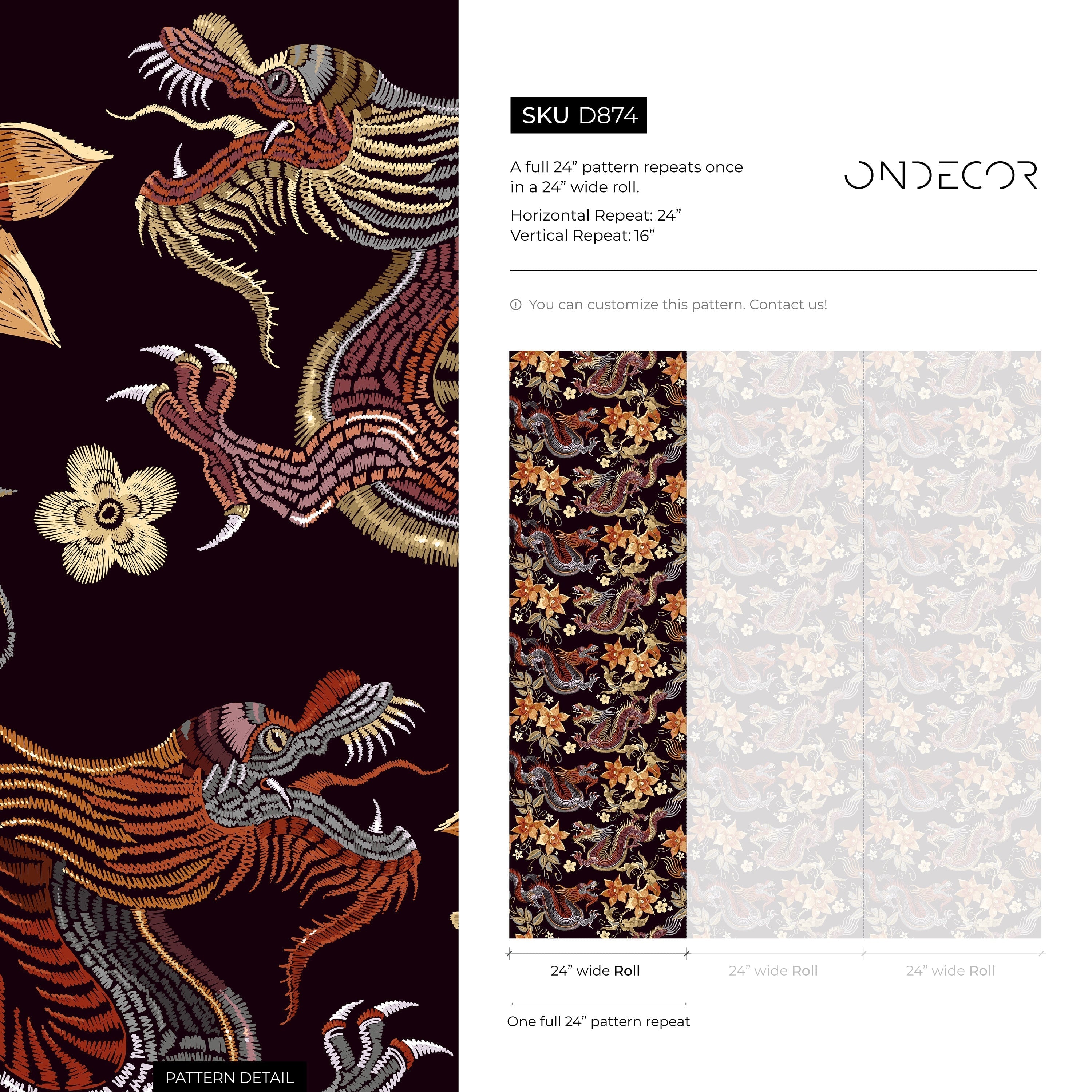 Chinoiserie Wallpaper With Dragons And Florals In Red And Orange - D874