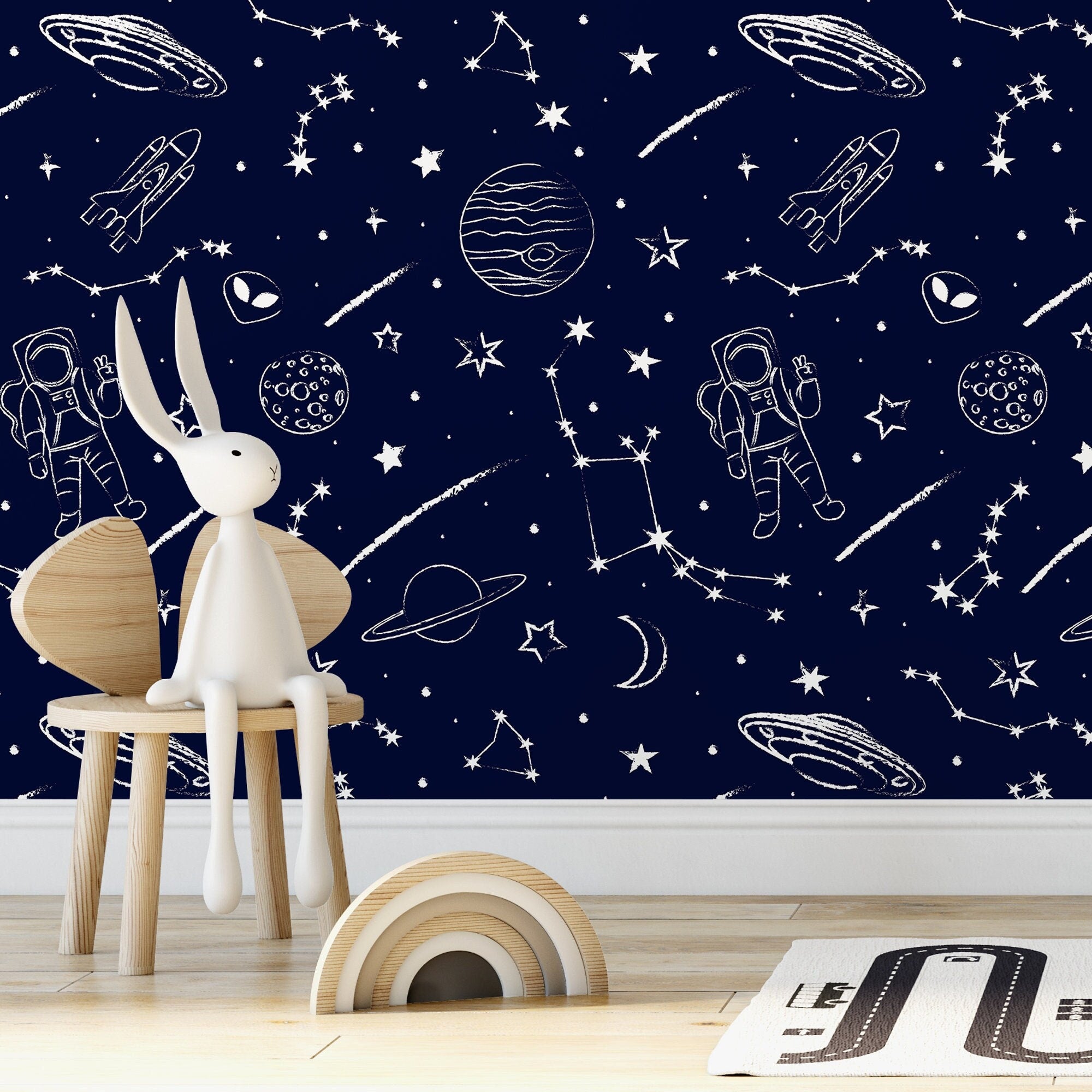 Space Wallpaper With Hand-drawn Astronauts In Navy Blue And White - A582