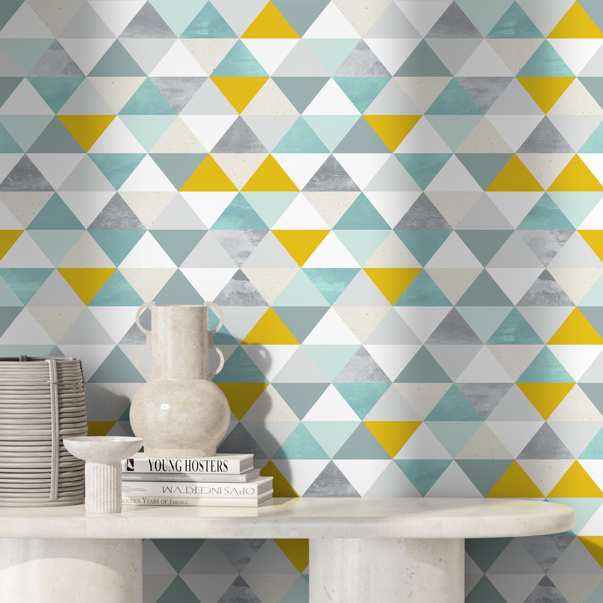 Geometric Wallpaper With A Textured Triangle Mosaic In Yellow, Teal, And Grey - A732