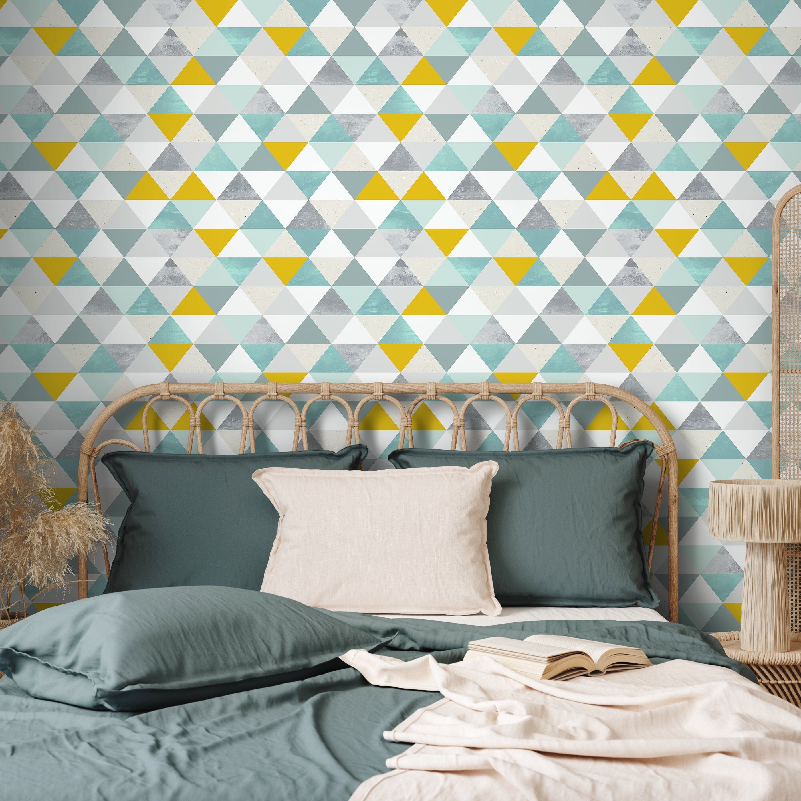 Geometric Wallpaper With A Textured Triangle Mosaic In Yellow, Teal, And Grey - A732