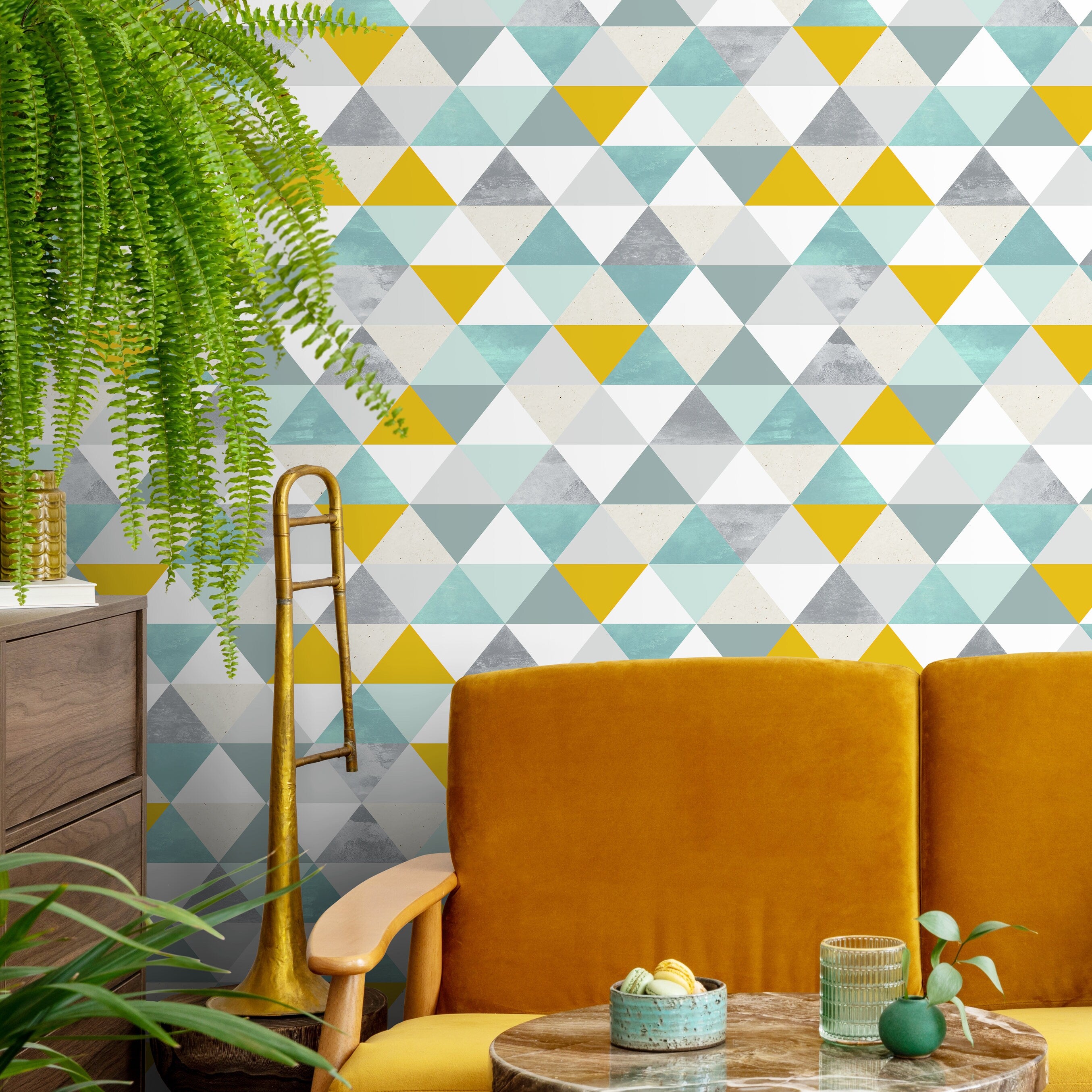 Geometric Wallpaper With A Textured Triangle Mosaic In Yellow, Teal, And Grey - A732