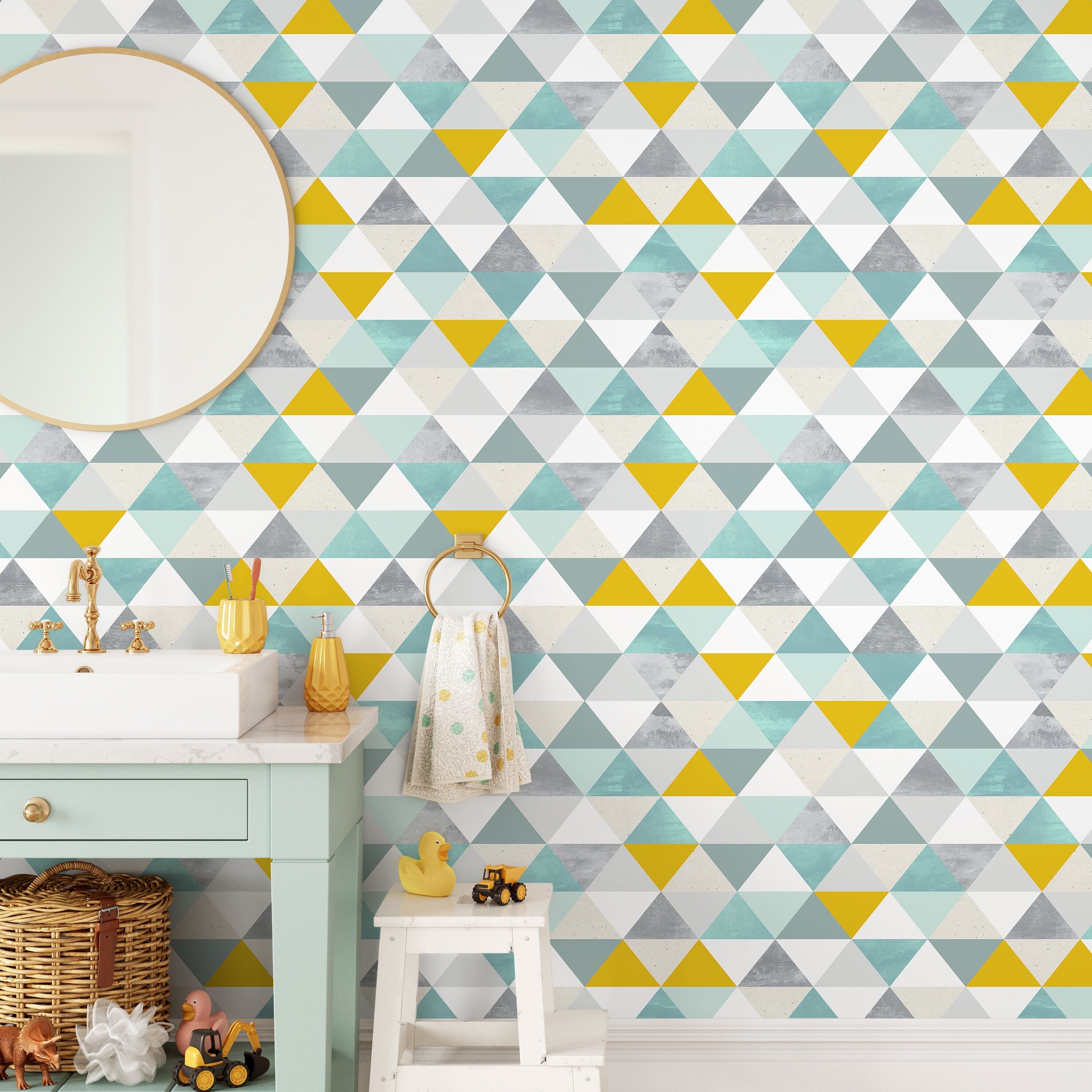 Geometric Wallpaper With A Textured Triangle Mosaic In Yellow, Teal, And Grey - A732