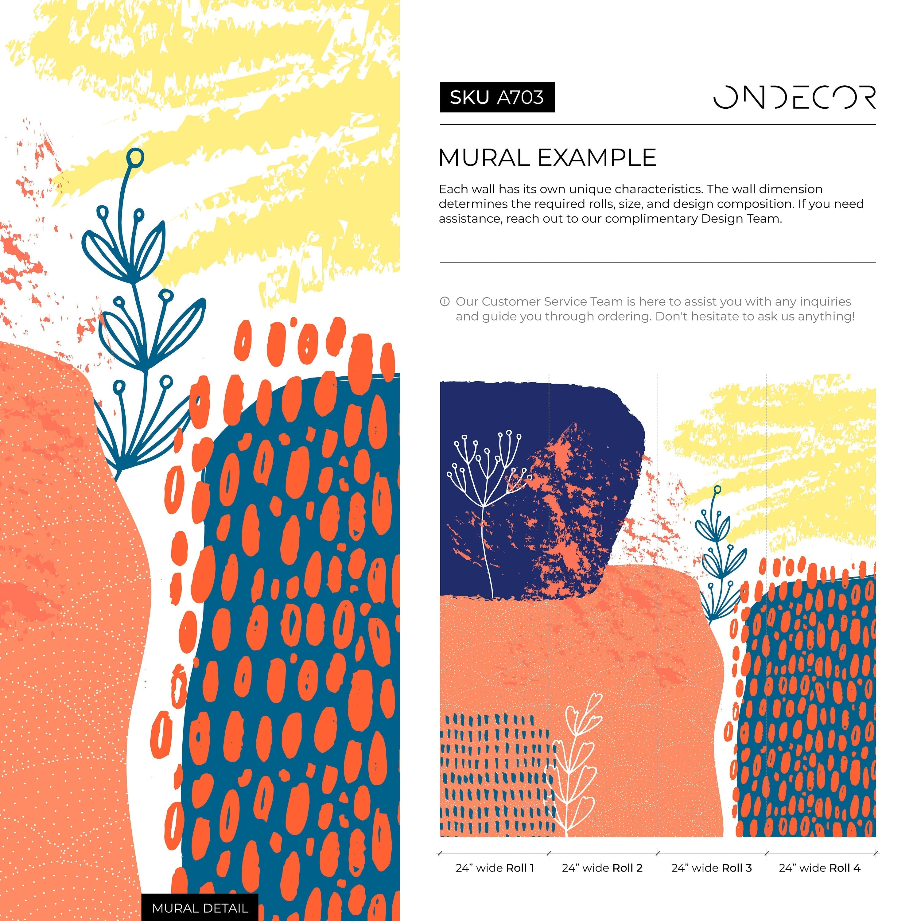 Abstract Wallpaper With Organic Shapes And Botanicals In Orange, Blue, And Yellow - A703