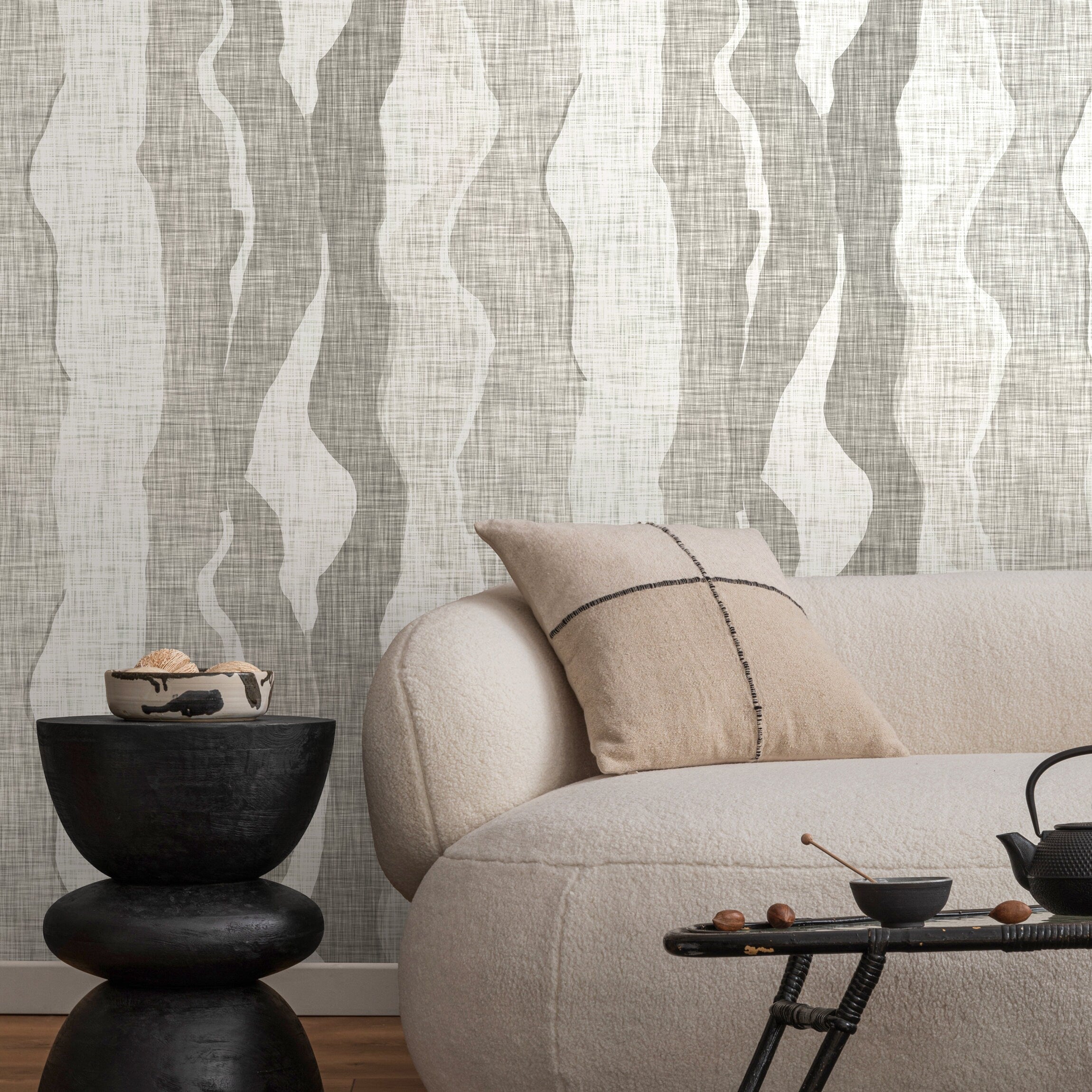 Abstract Wallpaper With Flowing Organic Waves In Grey And White - D798