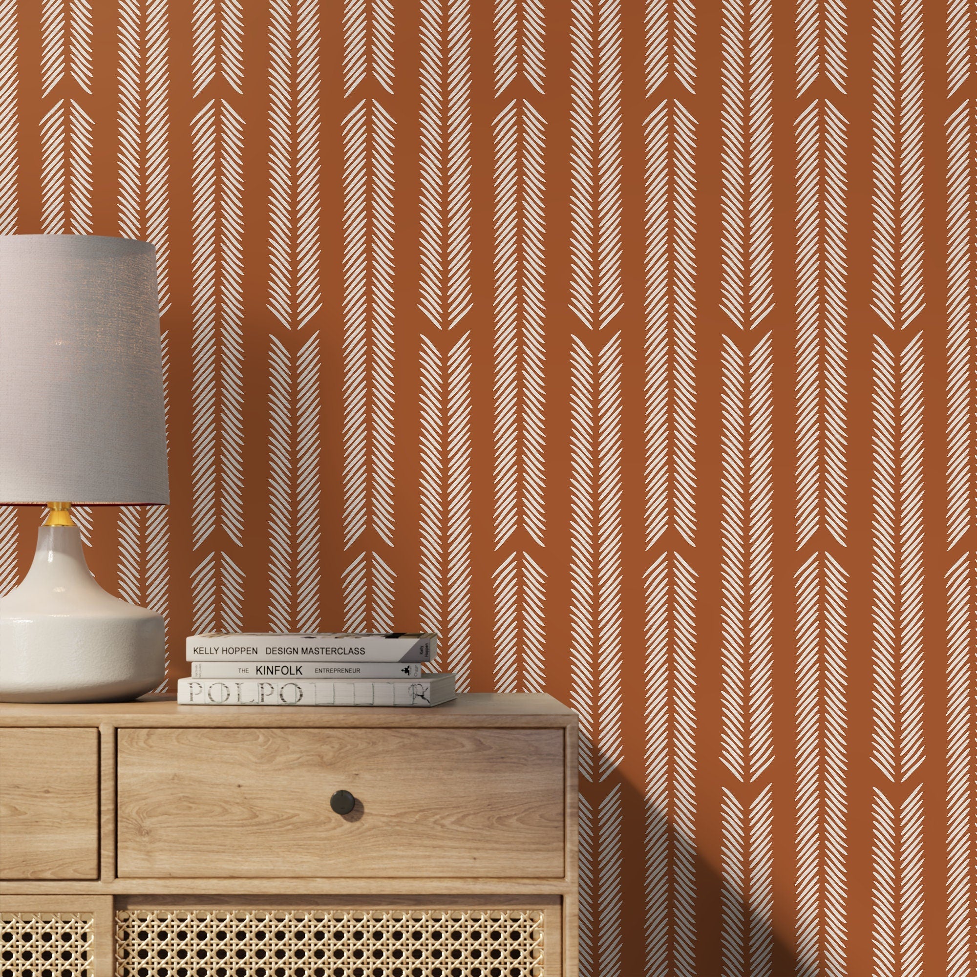 Herringbone Wallpaper With A Hand-drawn Motif In Terracotta And Off-white - D802