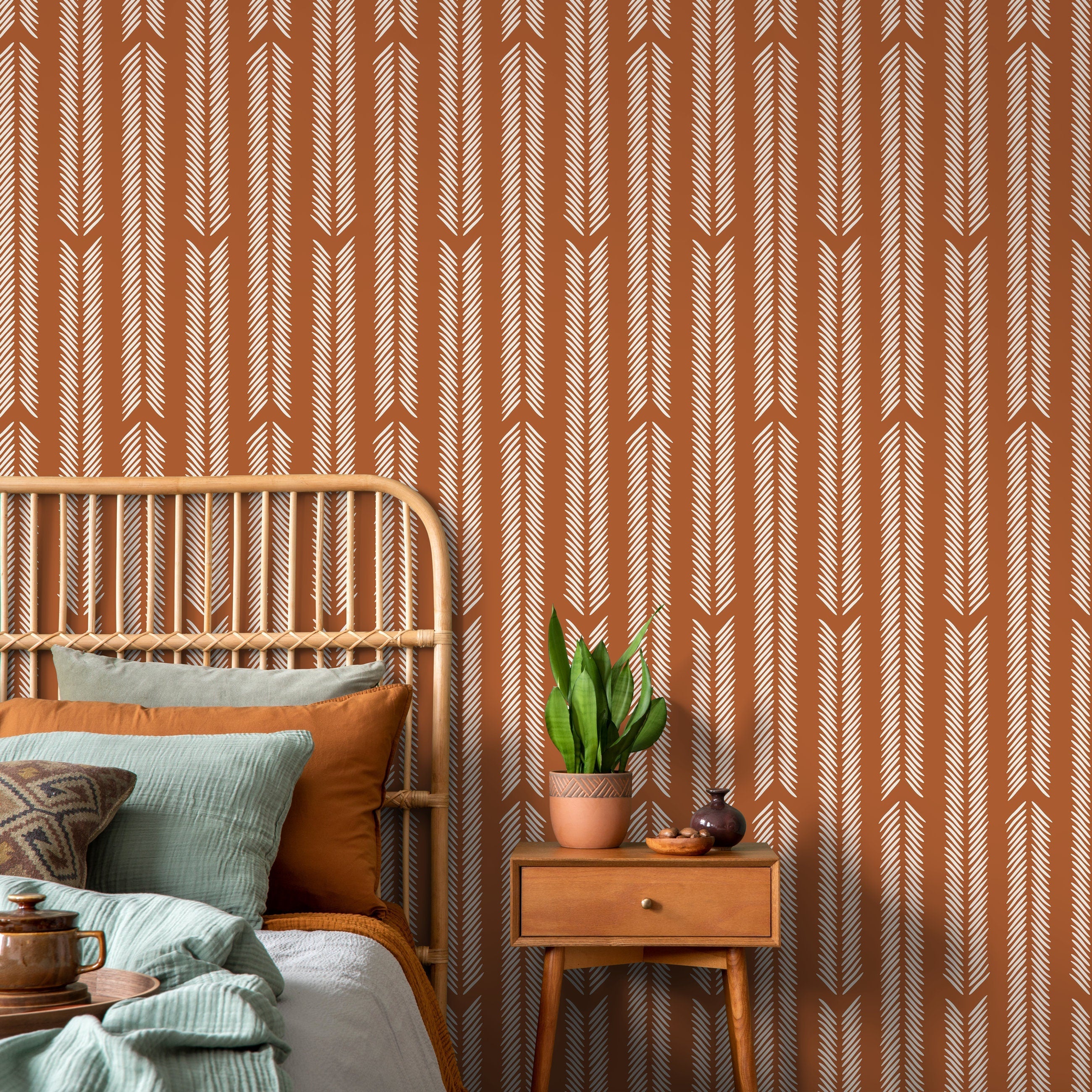 Herringbone Wallpaper With A Hand-drawn Motif In Terracotta And Off-white - D802