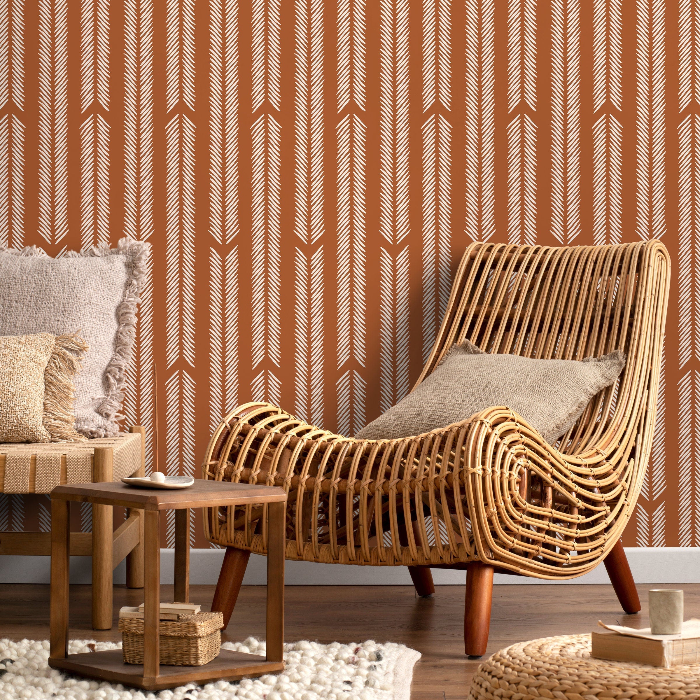 Herringbone Wallpaper With A Hand-drawn Motif In Terracotta And Off-white - D802