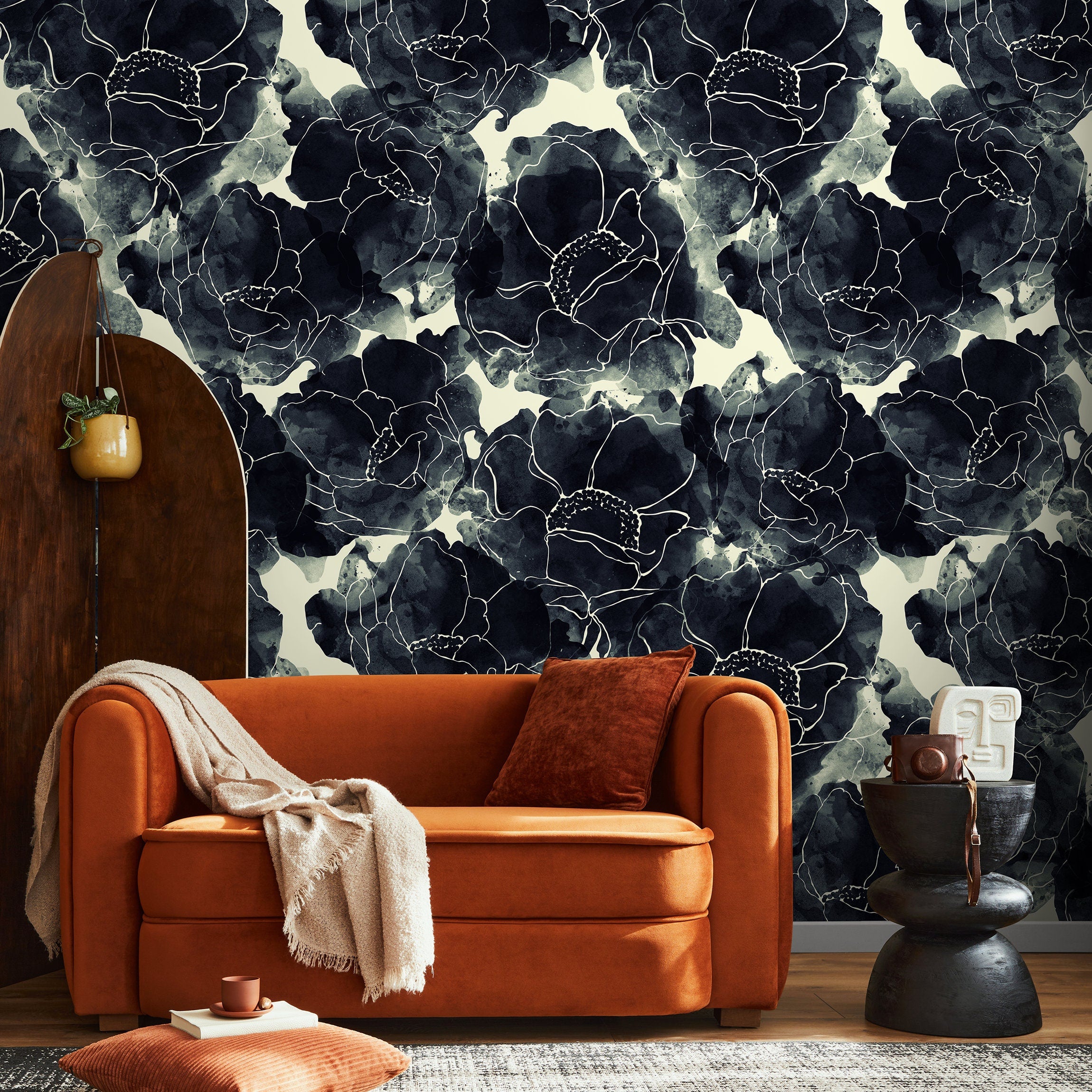 Floral Wallpaper With An Inky Line Art Motif In Black And Cream - A170