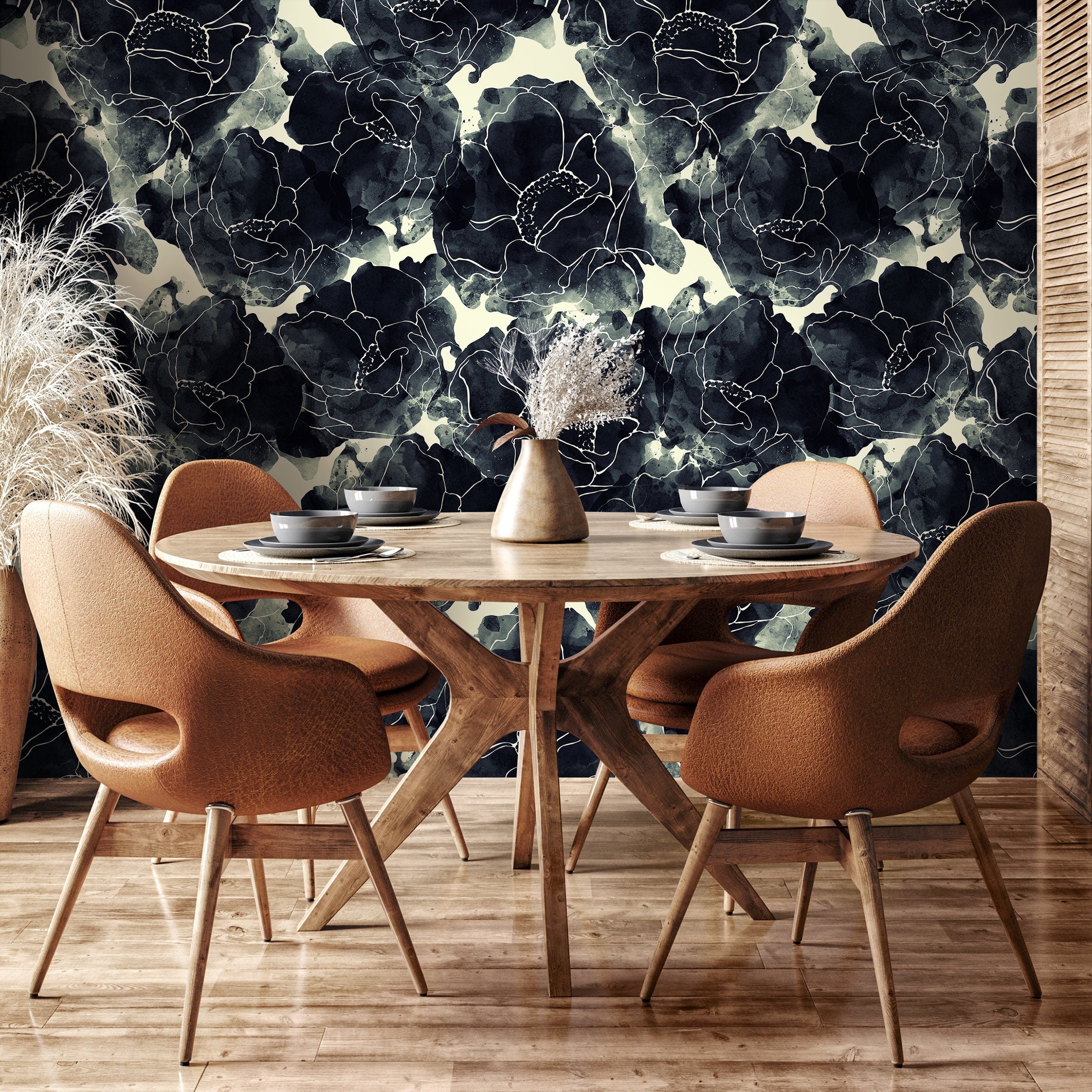 Floral Wallpaper With An Inky Line Art Motif In Black And Cream - A170