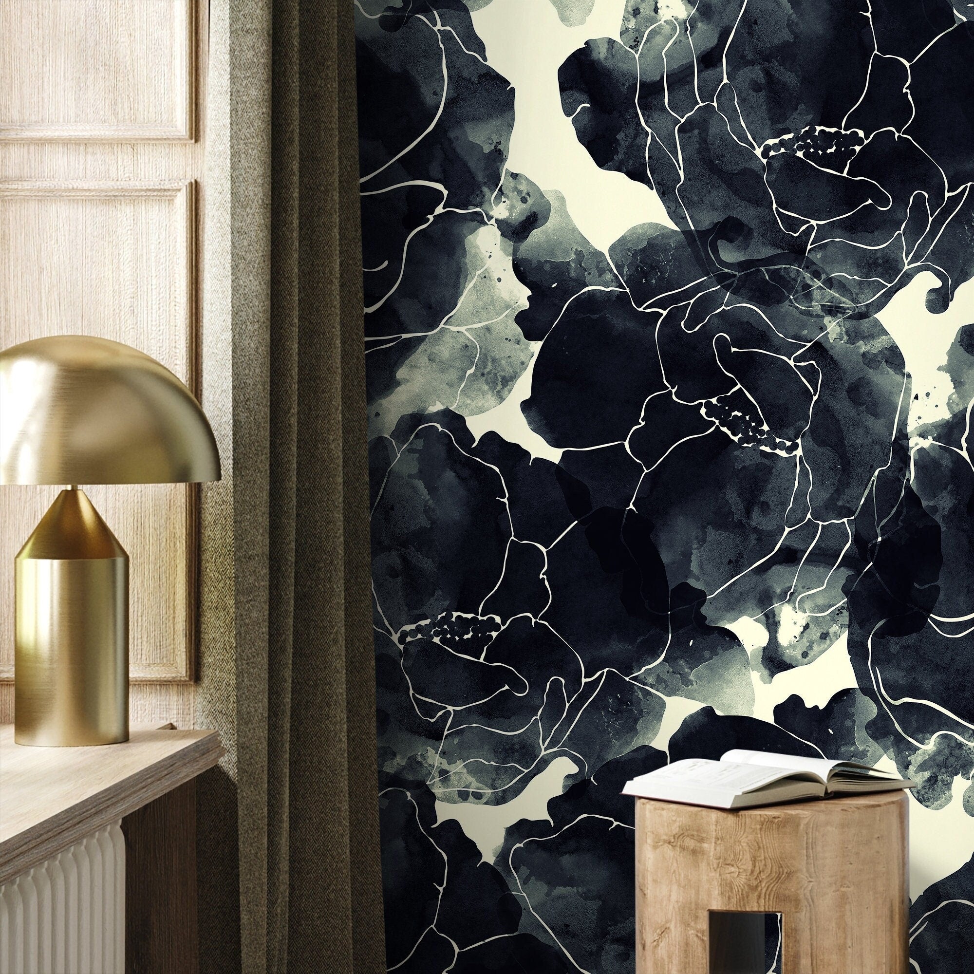 Floral Wallpaper With An Inky Line Art Motif In Black And Cream - A170