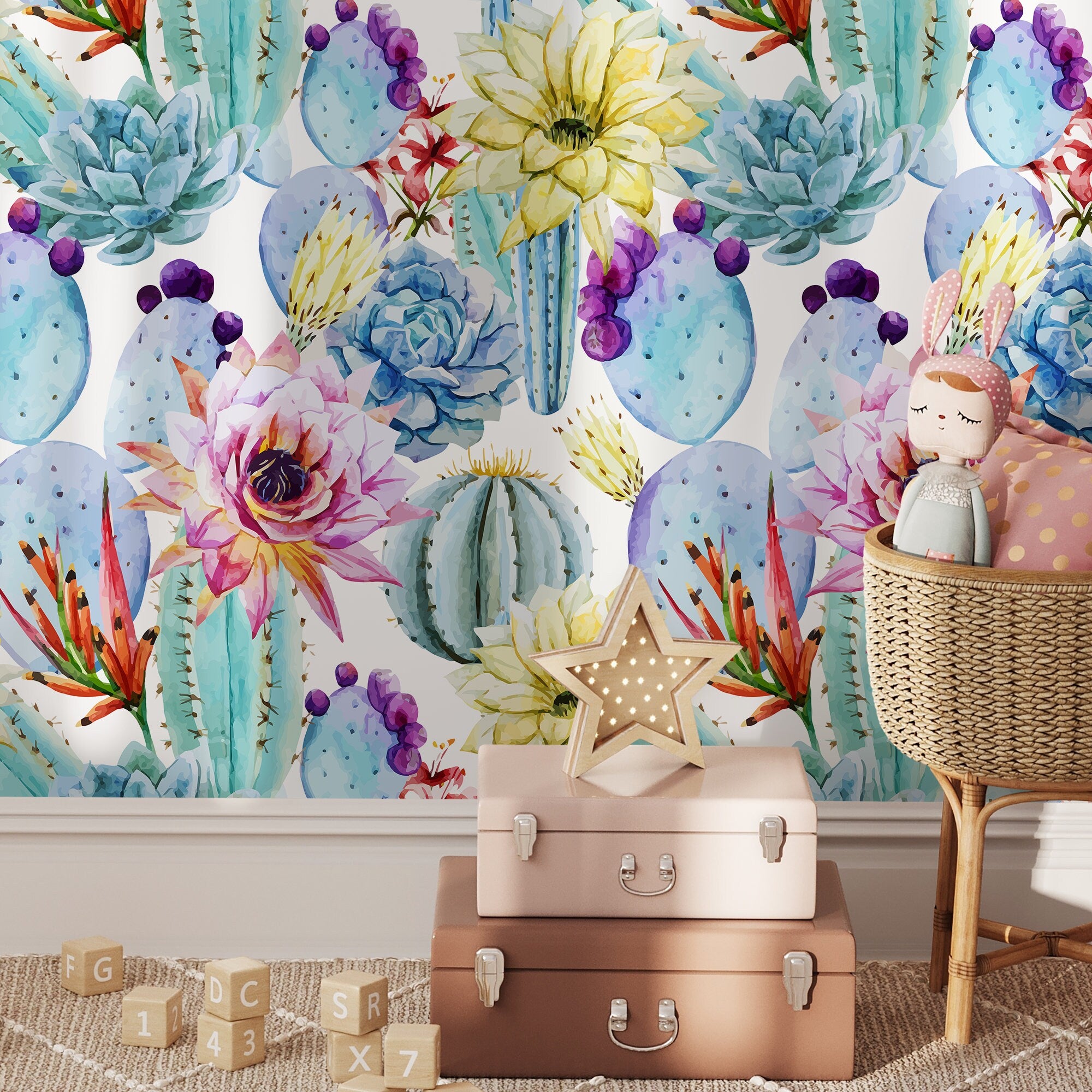 Cactus Wallpaper With A Watercolor Floral Motif In Blue, Pink, And Yellow - A304