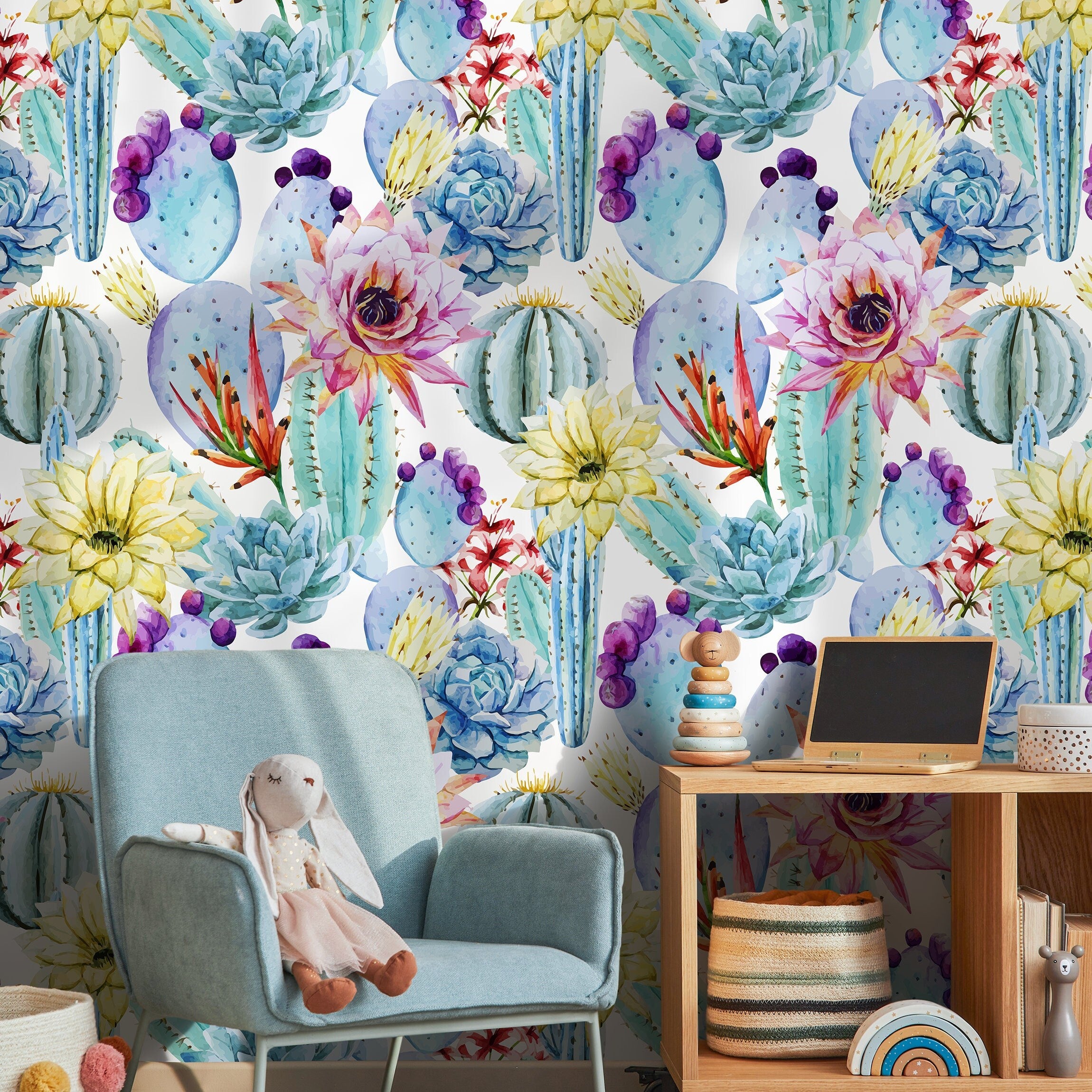 Cactus Wallpaper With A Watercolor Floral Motif In Blue, Pink, And Yellow - A304