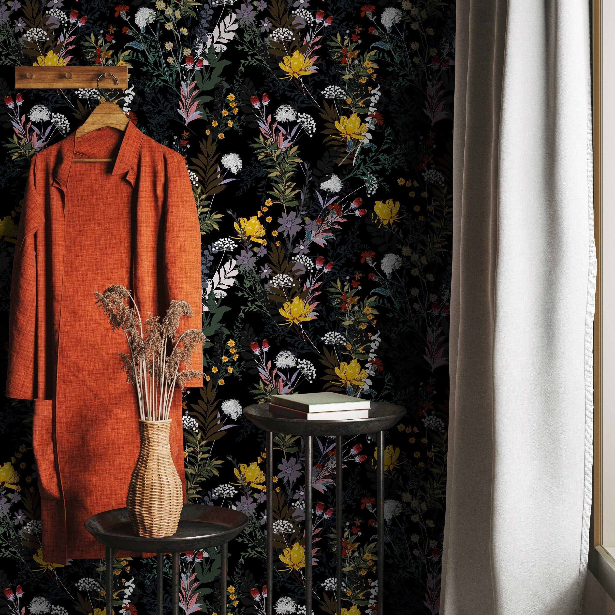 Floral Wallpaper With Vintage Wildflowers In Yellow, Red, And White - A573