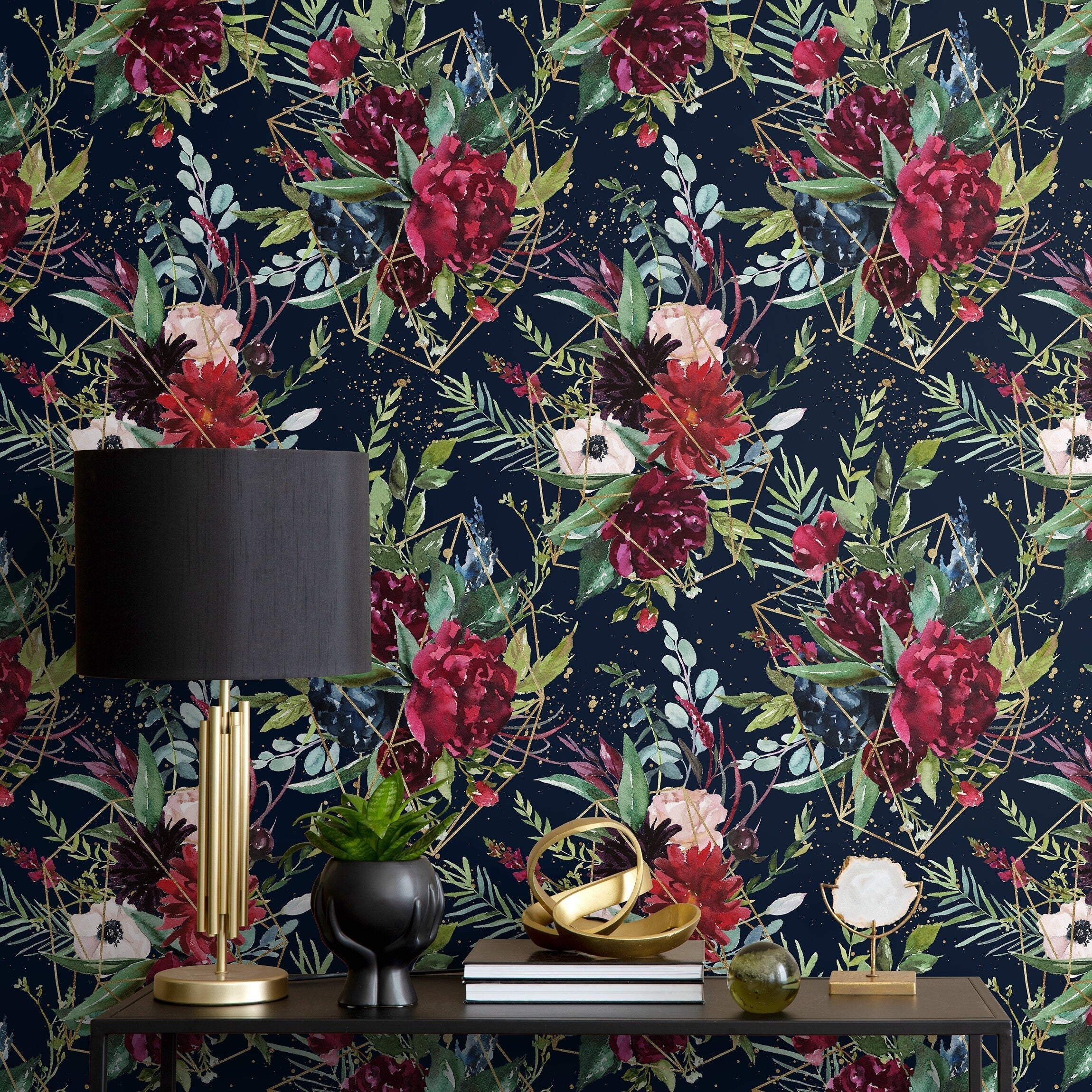 Floral Wallpaper With Geometric Gold Lines In Navy, Red, And Green - A833
