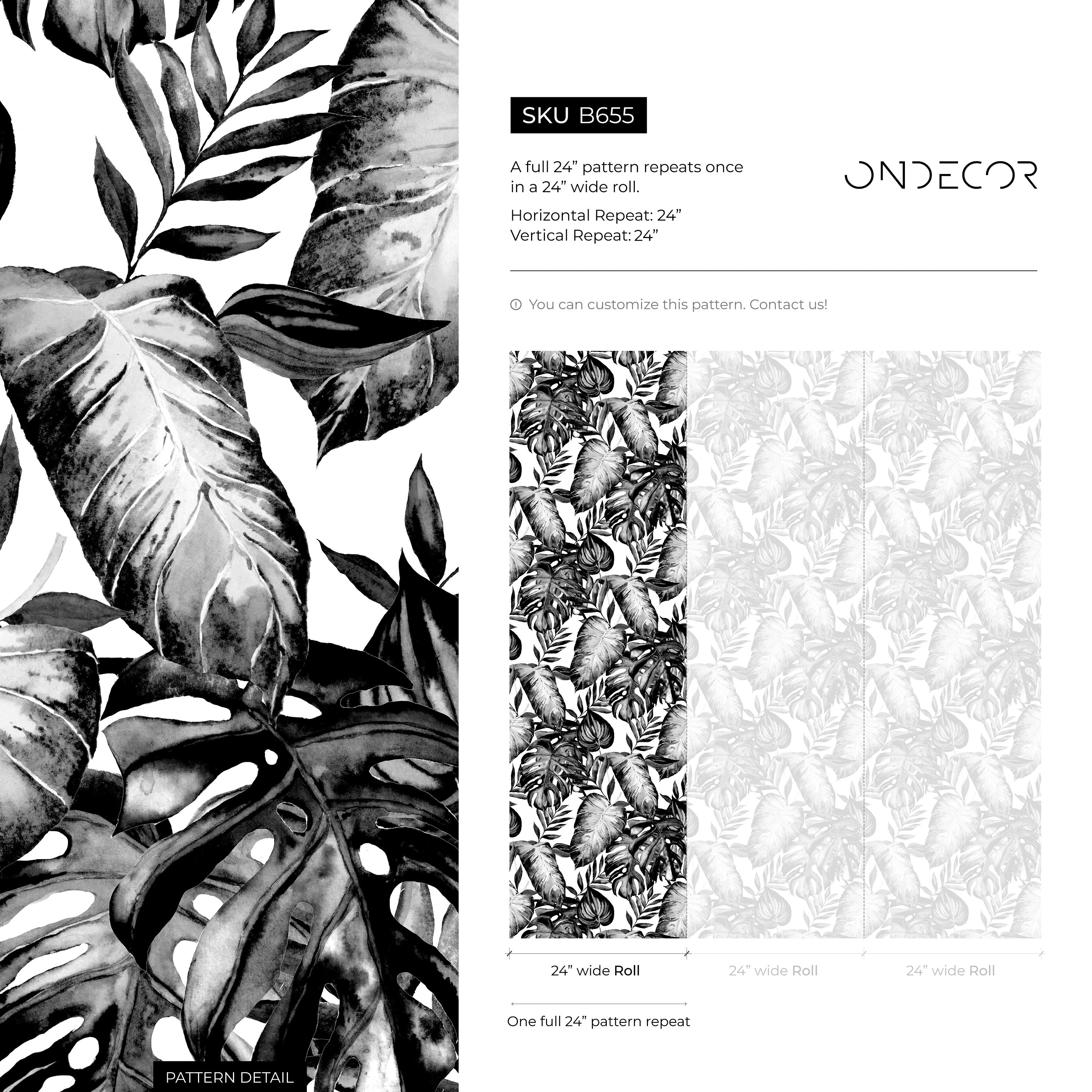 Botanical Wallpaper With A Lush Monstera Leaf Motif In Black And White - B655