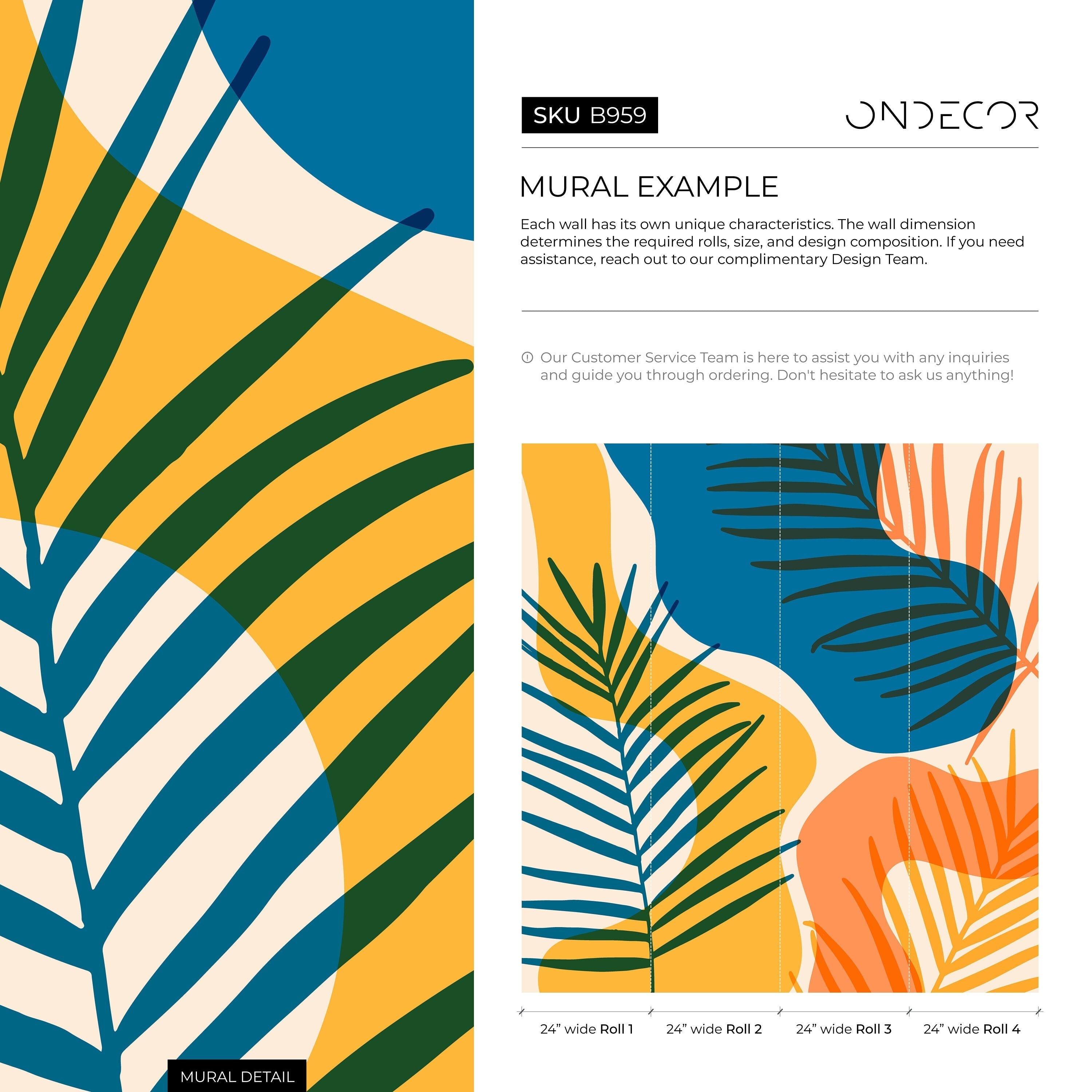 Tropical Wallpaper With Abstract Botanical Shapes In Blue, Yellow, And Orange - B959