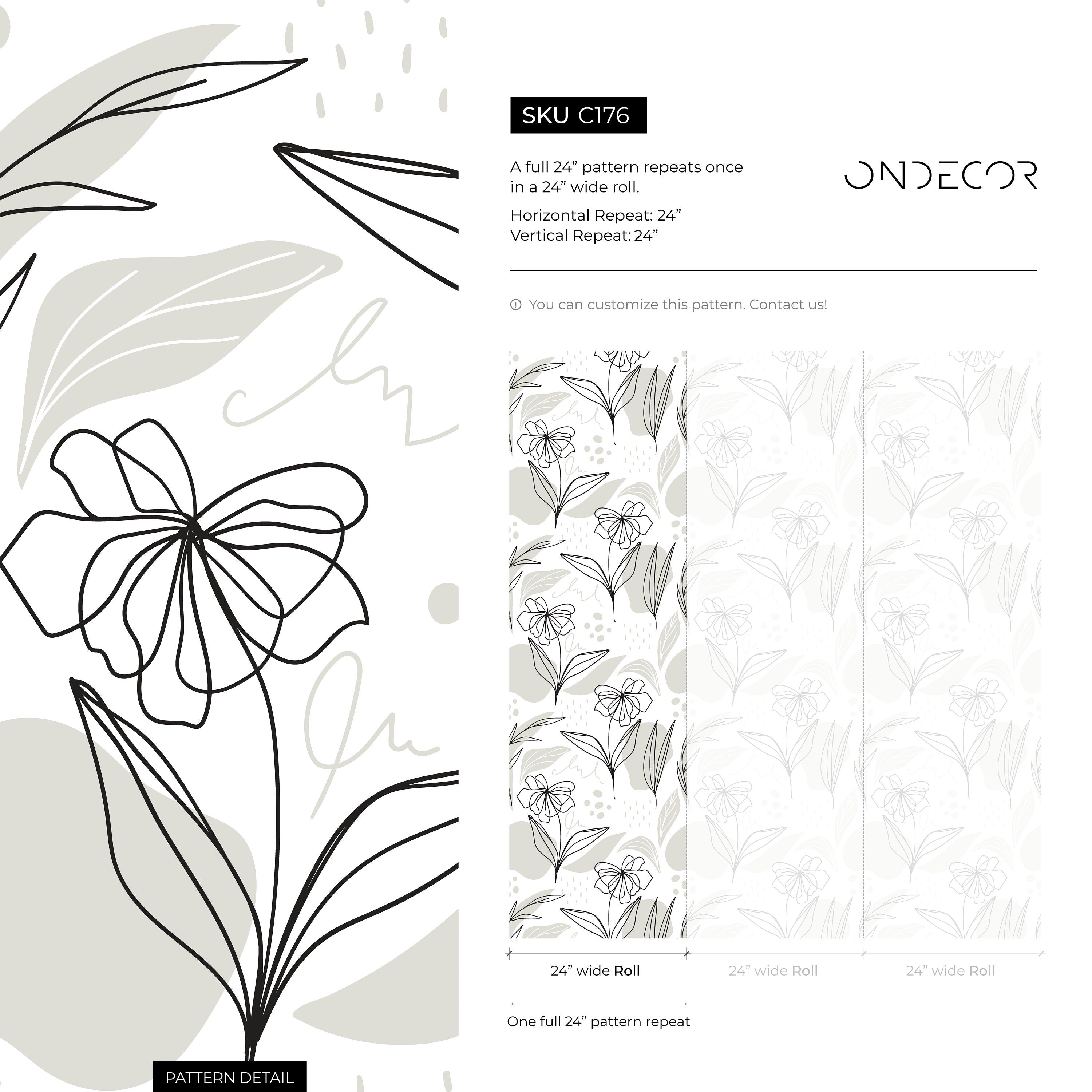 Botanical Wallpaper With Minimalist Line Art Flowers In Black And Gray - C176