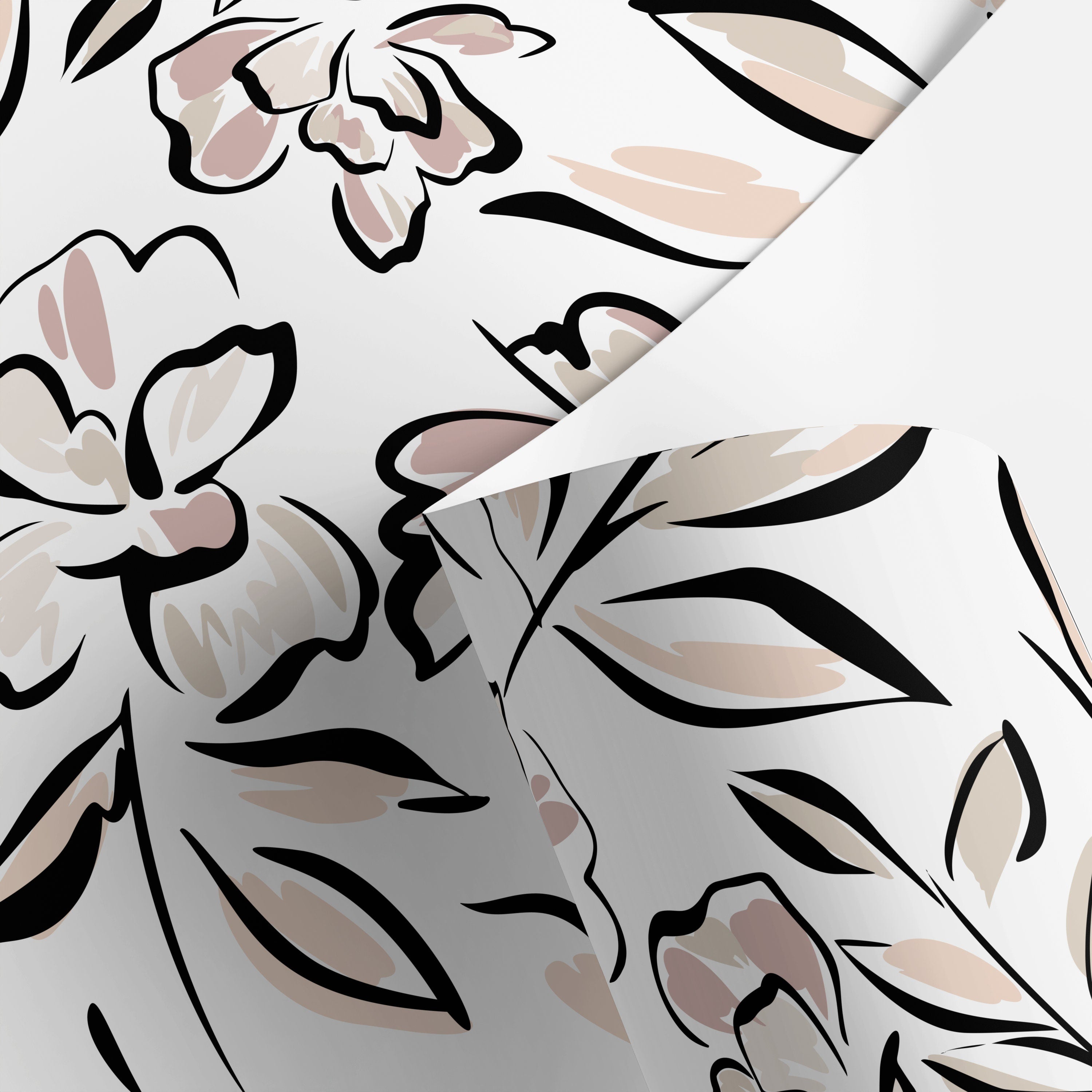 Floral Wallpaper With A Bold Line Art Motif In Black, Pink, And Beige - D964