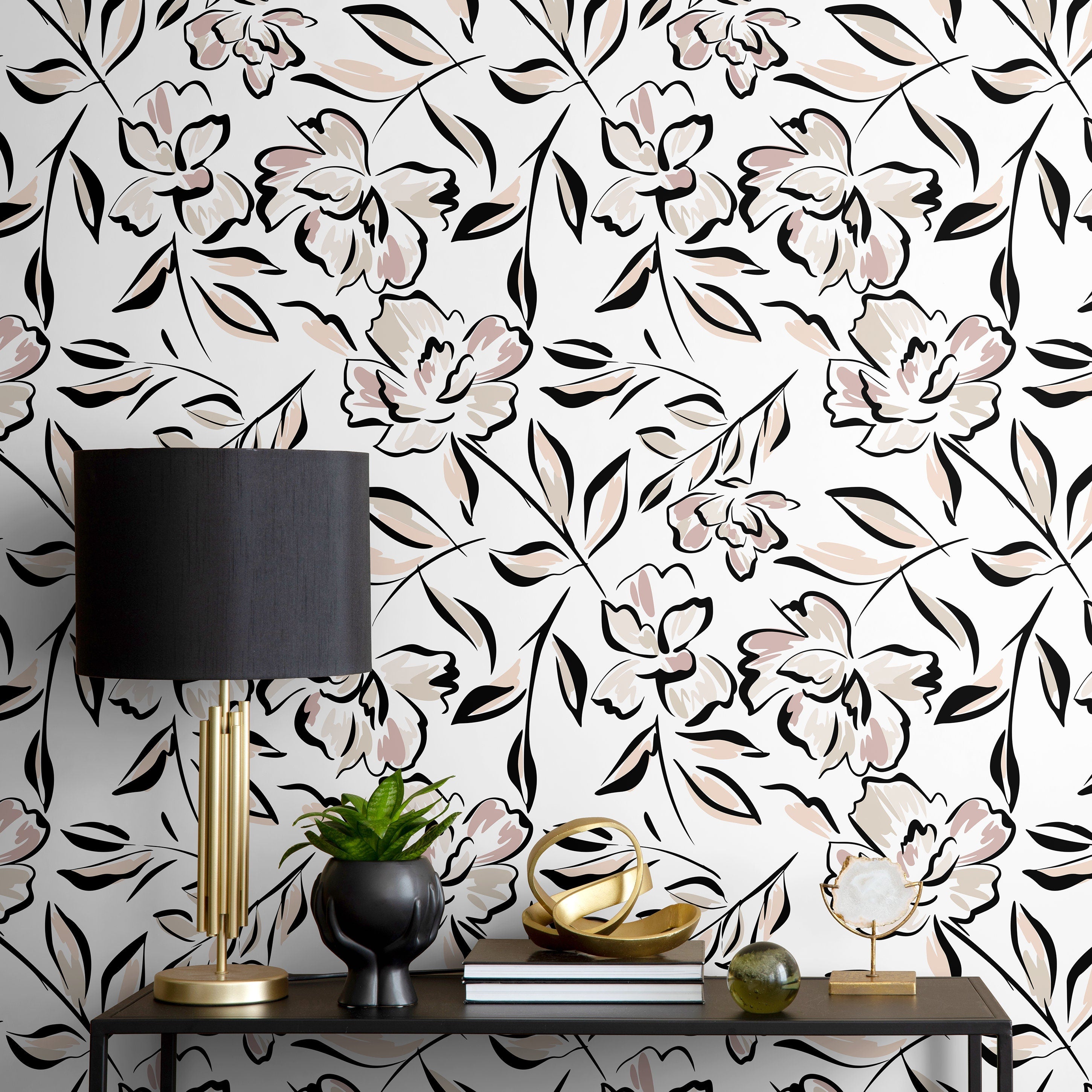 Floral Wallpaper With A Bold Line Art Motif In Black, Pink, And Beige - D964