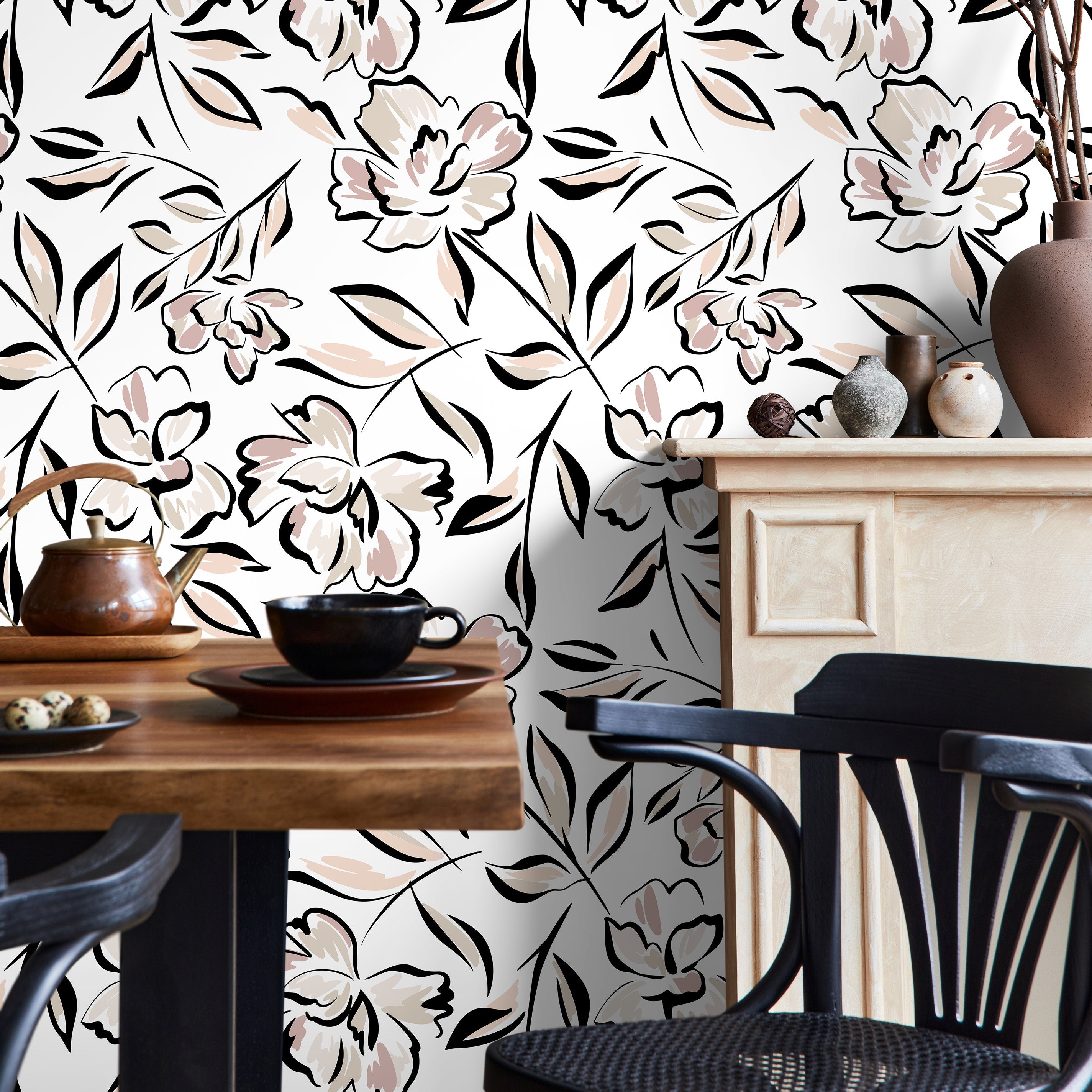 Floral Wallpaper With A Bold Line Art Motif In Black, Pink, And Beige - D964