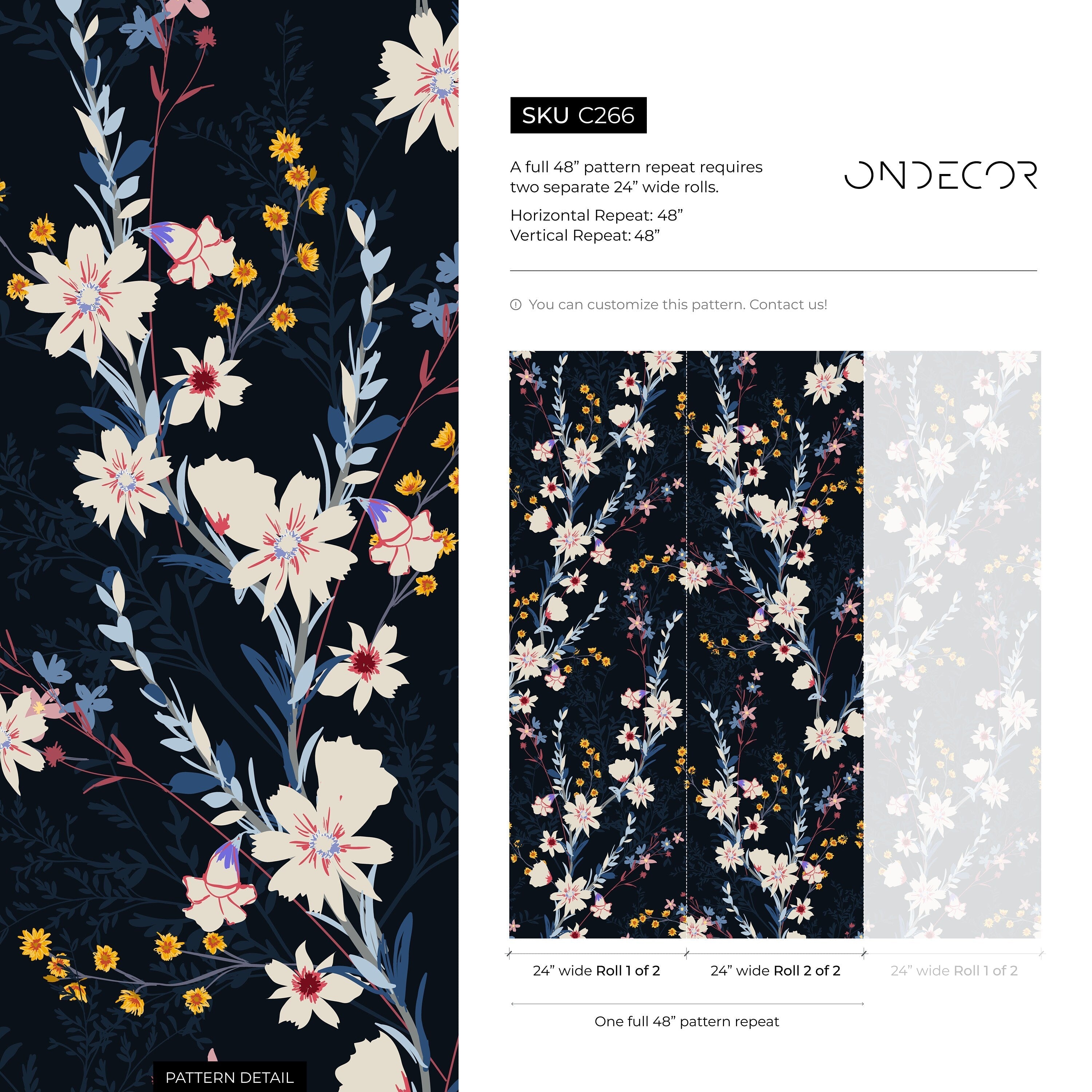 Floral Wallpaper With A Moody Wildflower Motif In Dark Blue, Cream, And Yellow - C266
