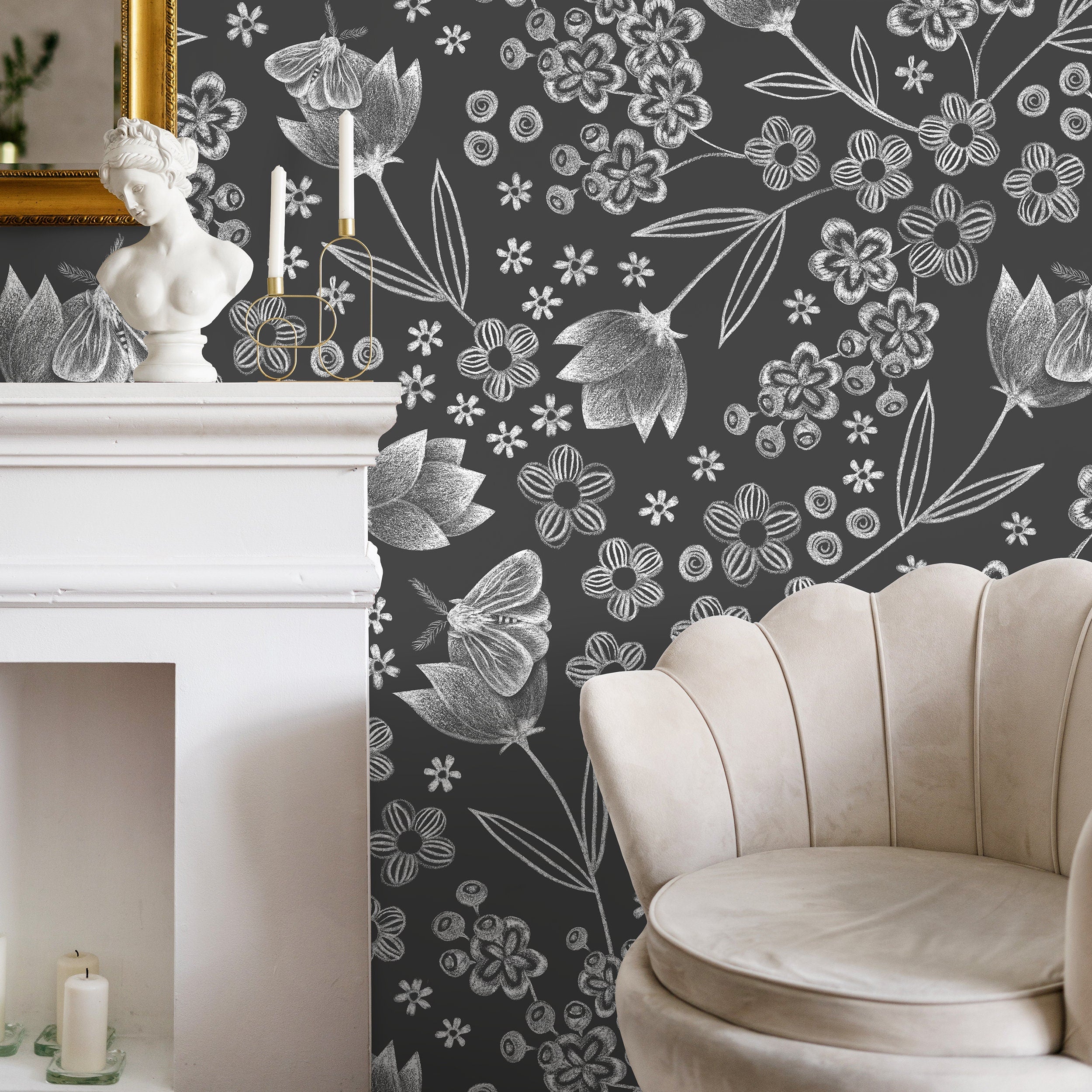 Botanical Wallpaper With Chalk-drawn Florals And Moths In Black And White - X086