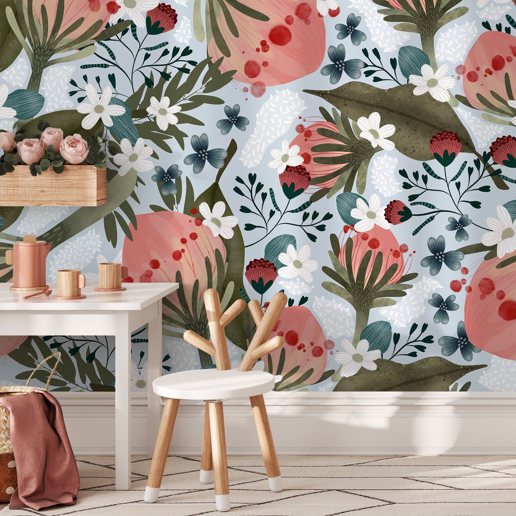 Floral Wallpaper With Stylized Protea Blooms In Pink, Green, And Blue - X131
