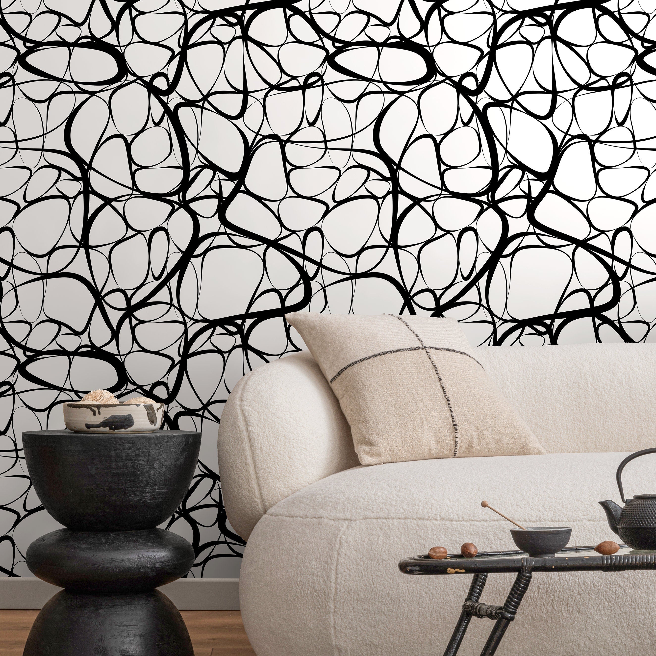 Abstract Wallpaper With A Fluid Linear Design In Black And White - A042