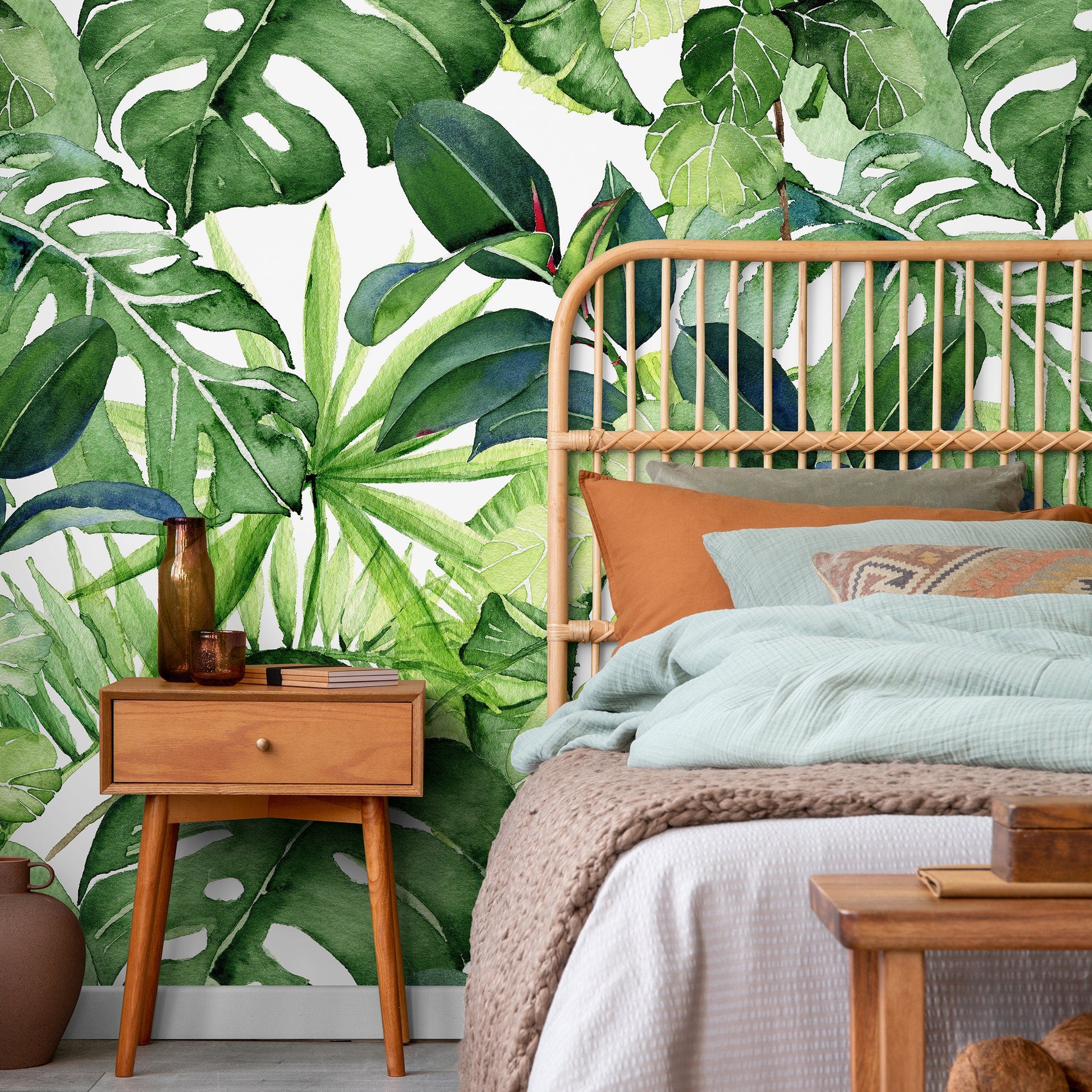 Tropical Wallpaper With A Lush Watercolor Leaf Motif In Green - A744