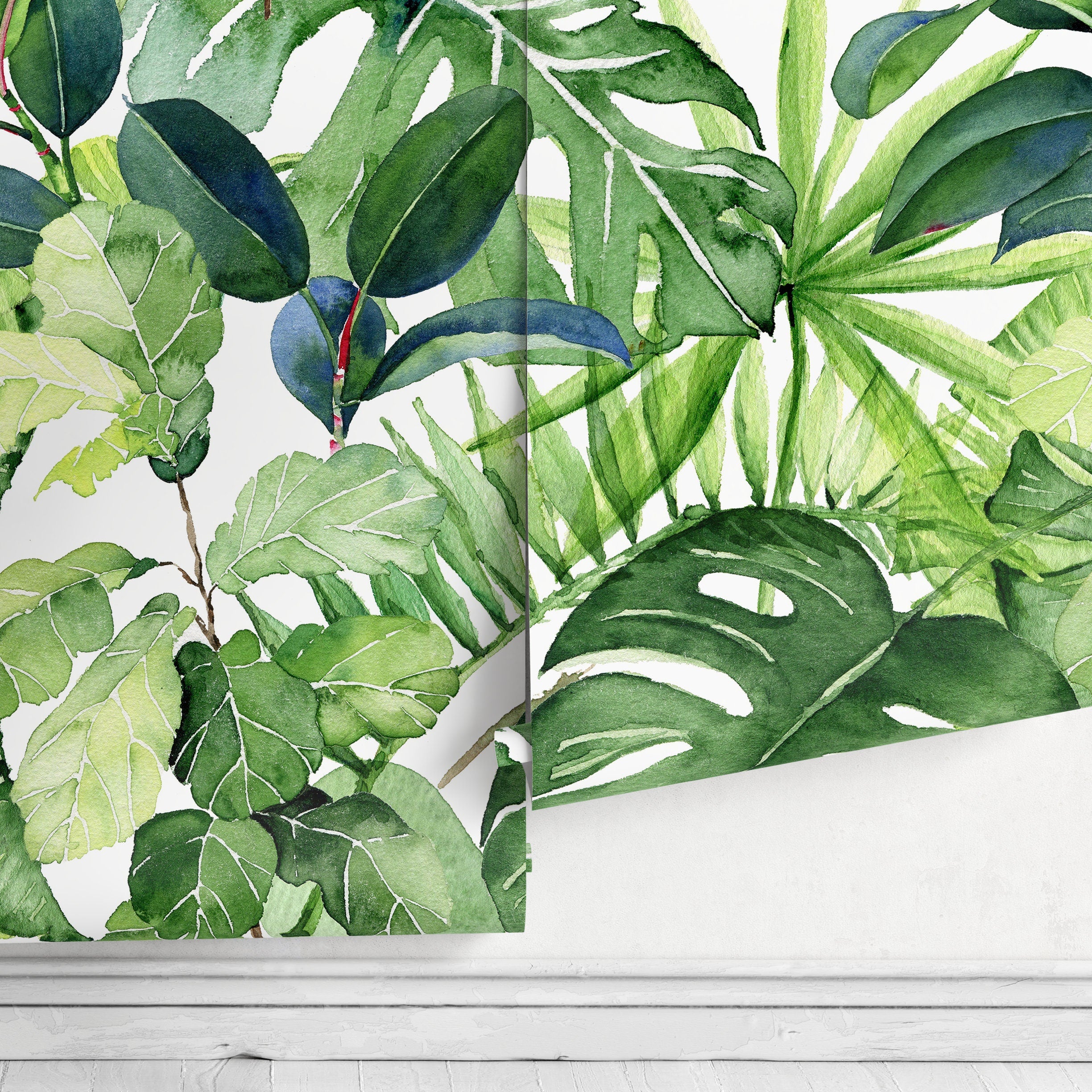 Tropical Wallpaper With A Lush Watercolor Leaf Motif In Green - A744