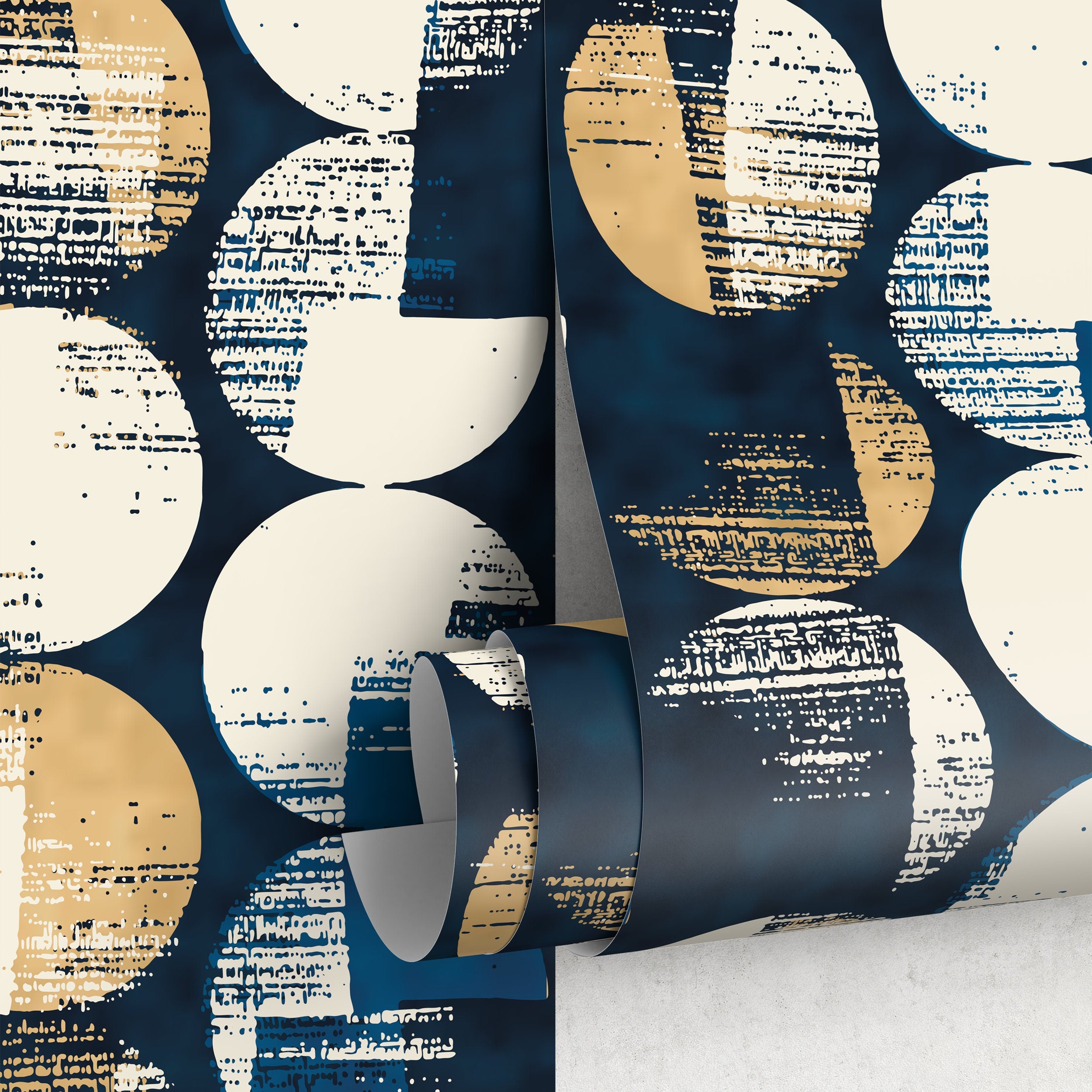 Geometric Wallpaper With Distressed Circle Motifs In Blue, Gold, And Beige - A807