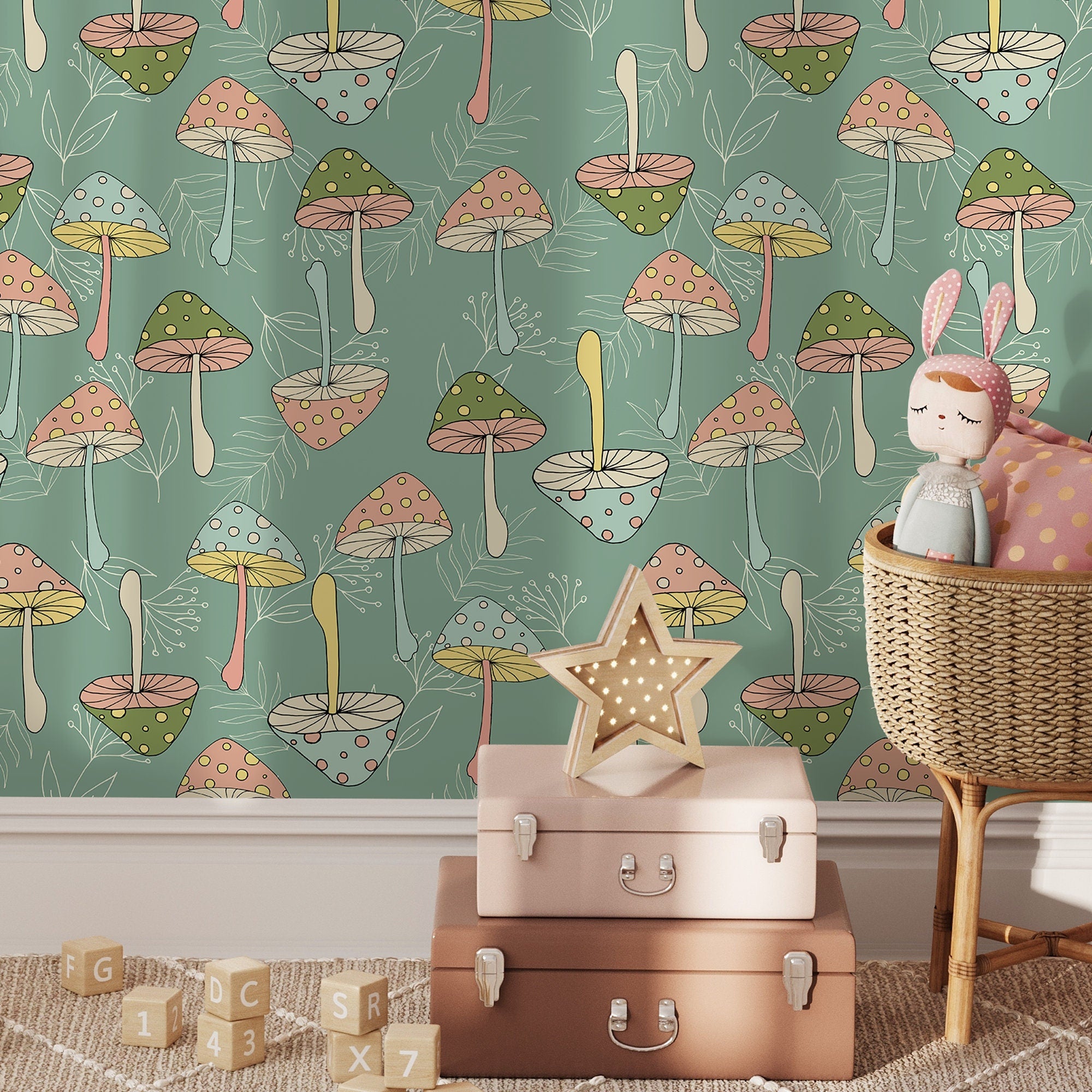 Groovy Wallpaper With A Retro Mushroom Motif In Green, Pink, And Blue - D891