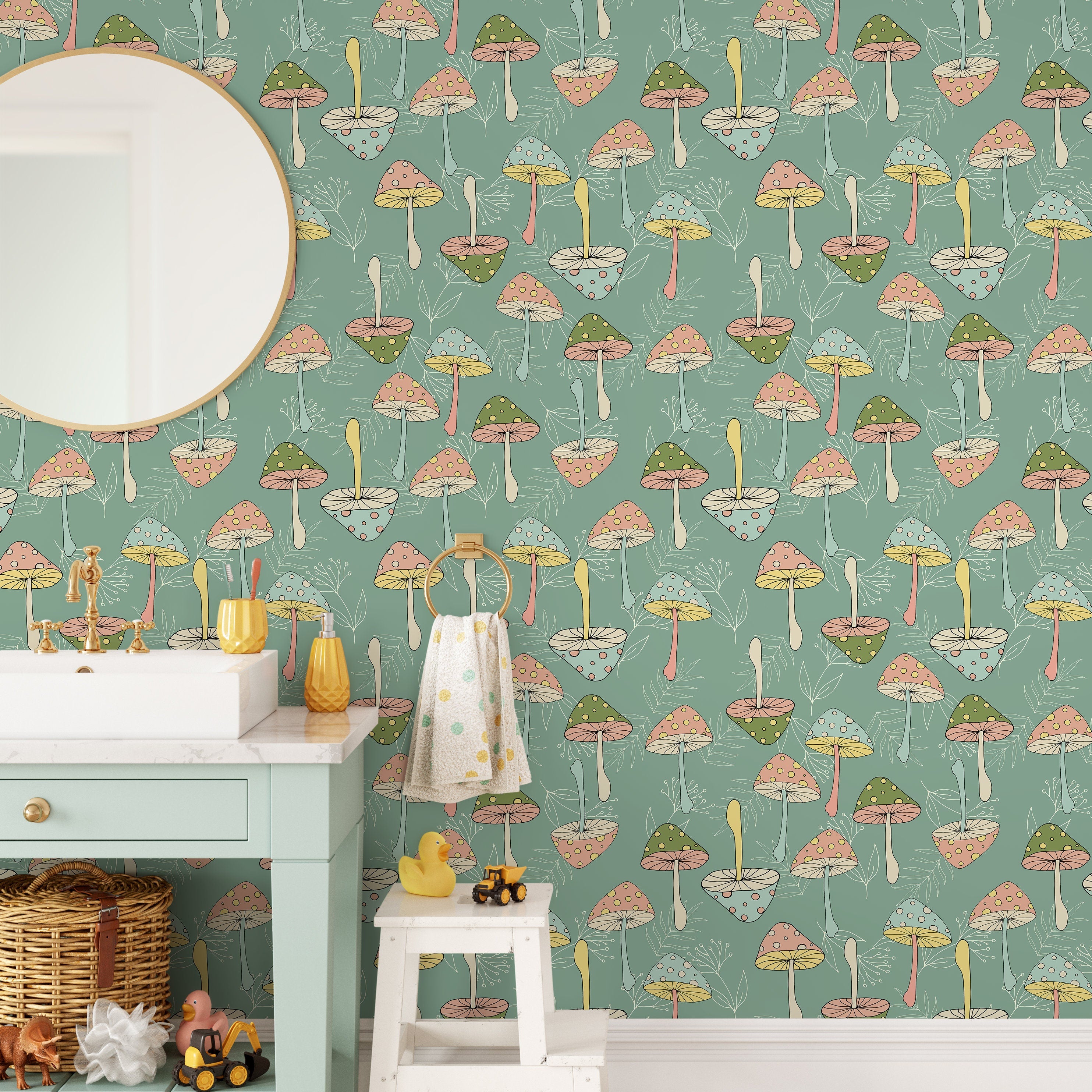 Groovy Wallpaper With A Retro Mushroom Motif In Green, Pink, And Blue - D891