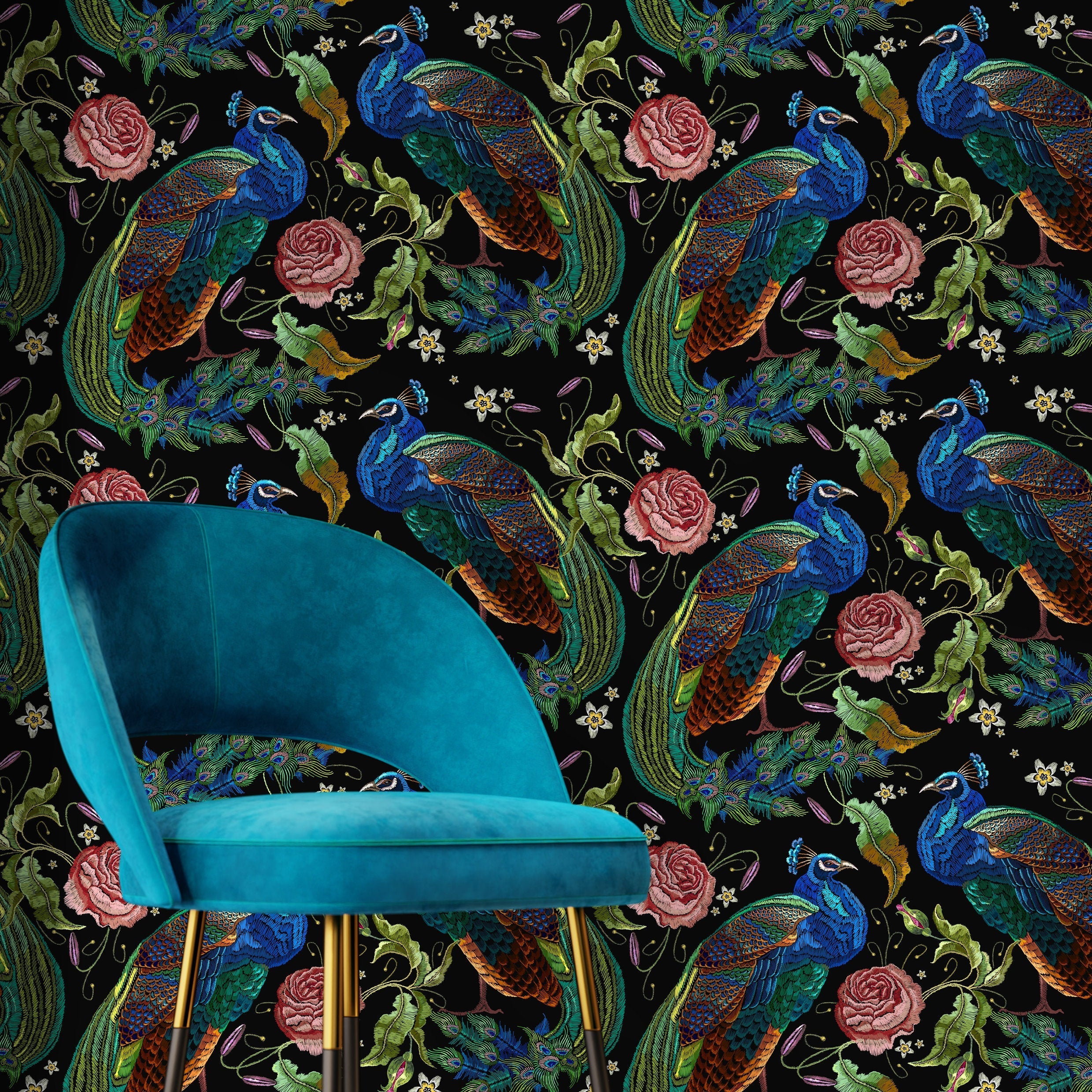 Peacock Wallpaper With An Embroidered Floral Motif In Blue, Green, And Pink - D882