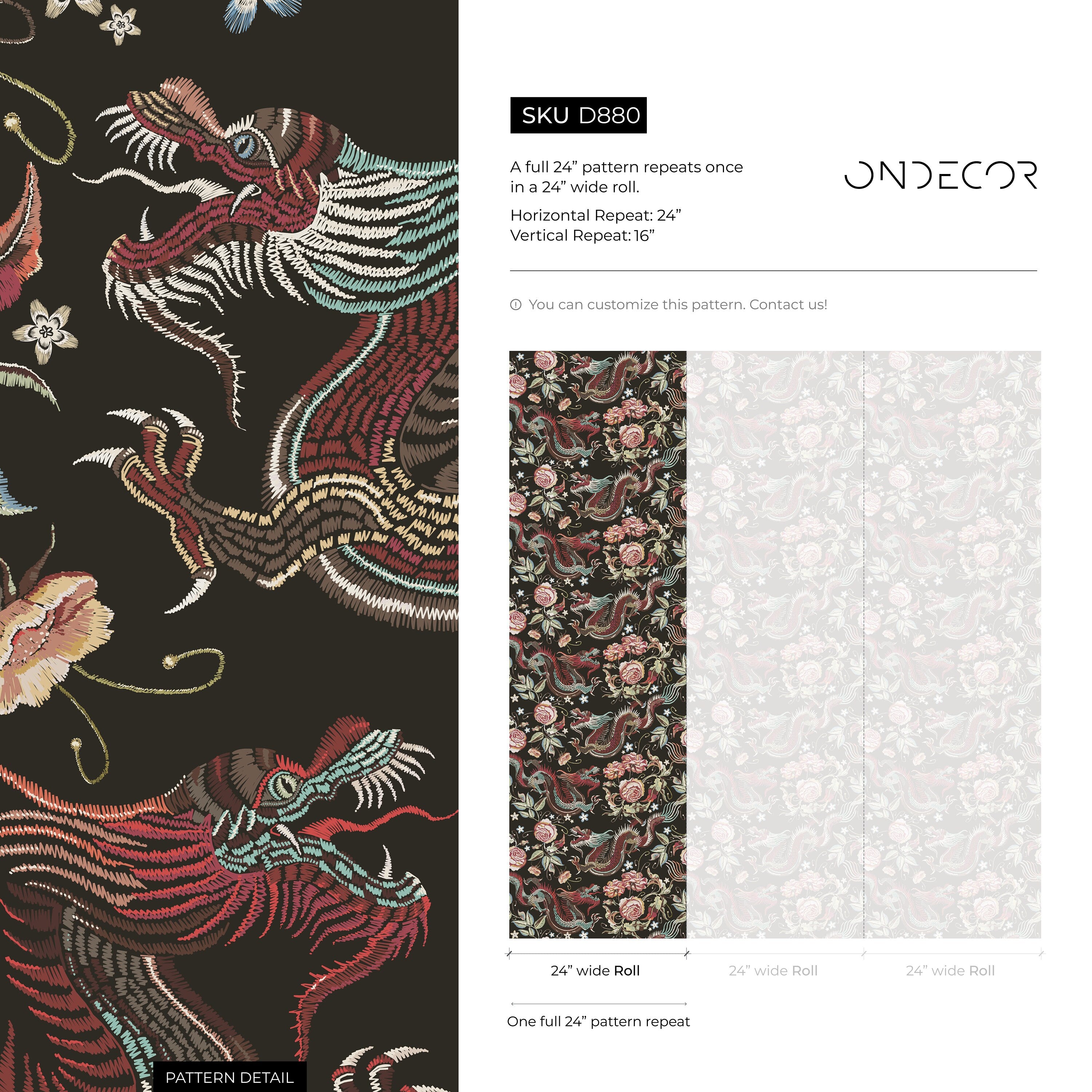 Chinoiserie Wallpaper With Dragons And Roses In Red, Pink, And Blue - D880