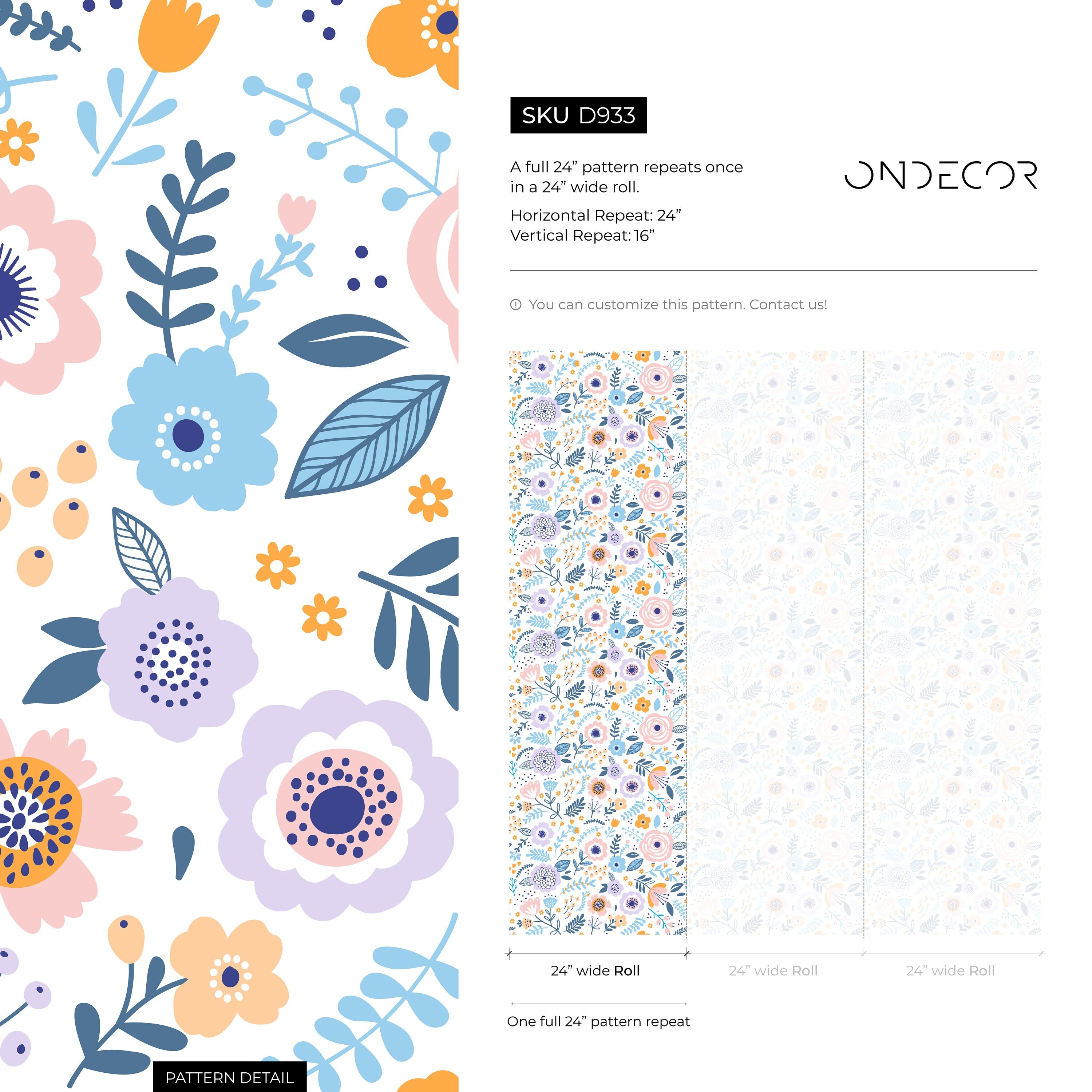Floral Wallpaper With Stylized Blooms In Pink, Blue, And Purple - D933
