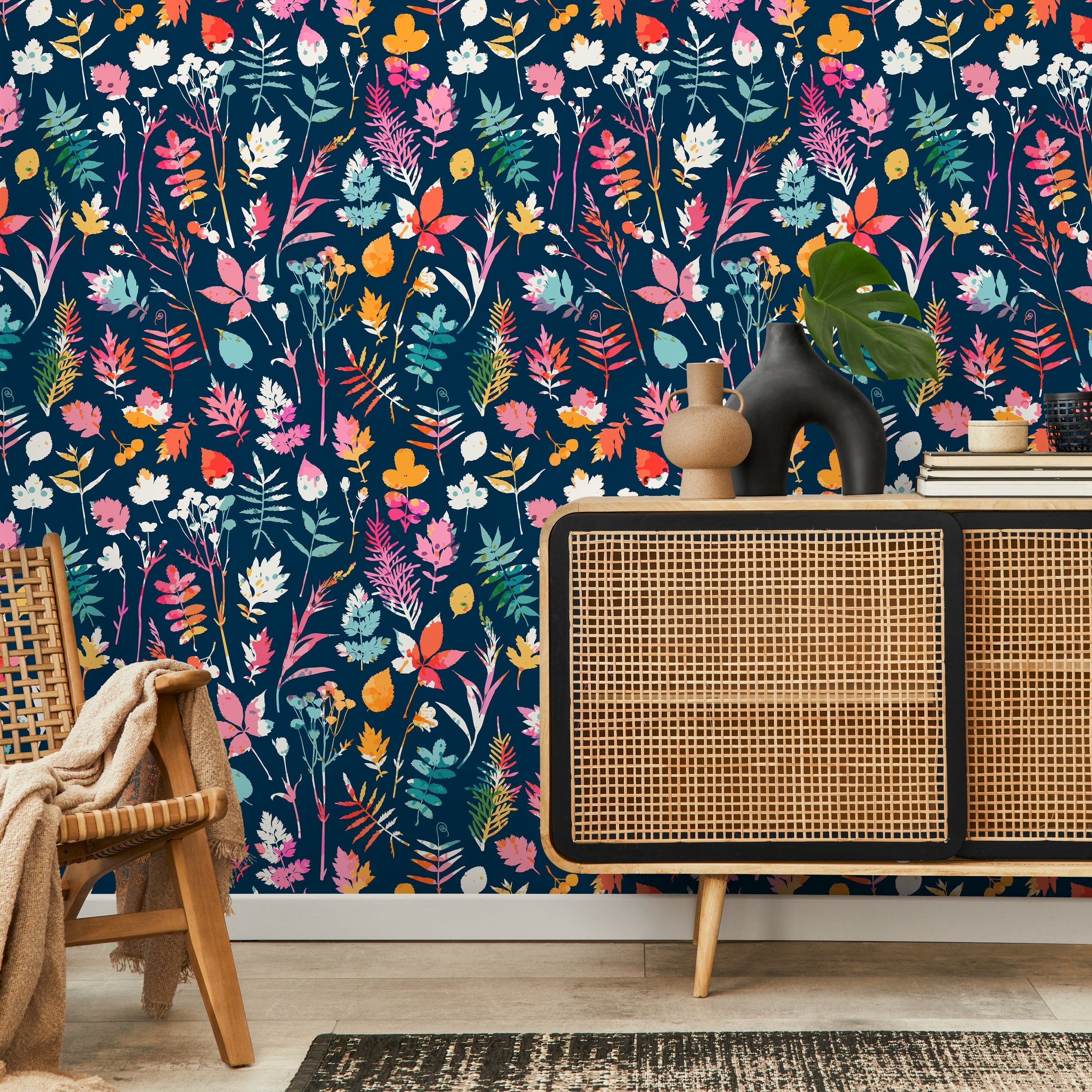 Botanical Wallpaper Featuring Colorful Foliage In Pink, Orange, And Blue - D936